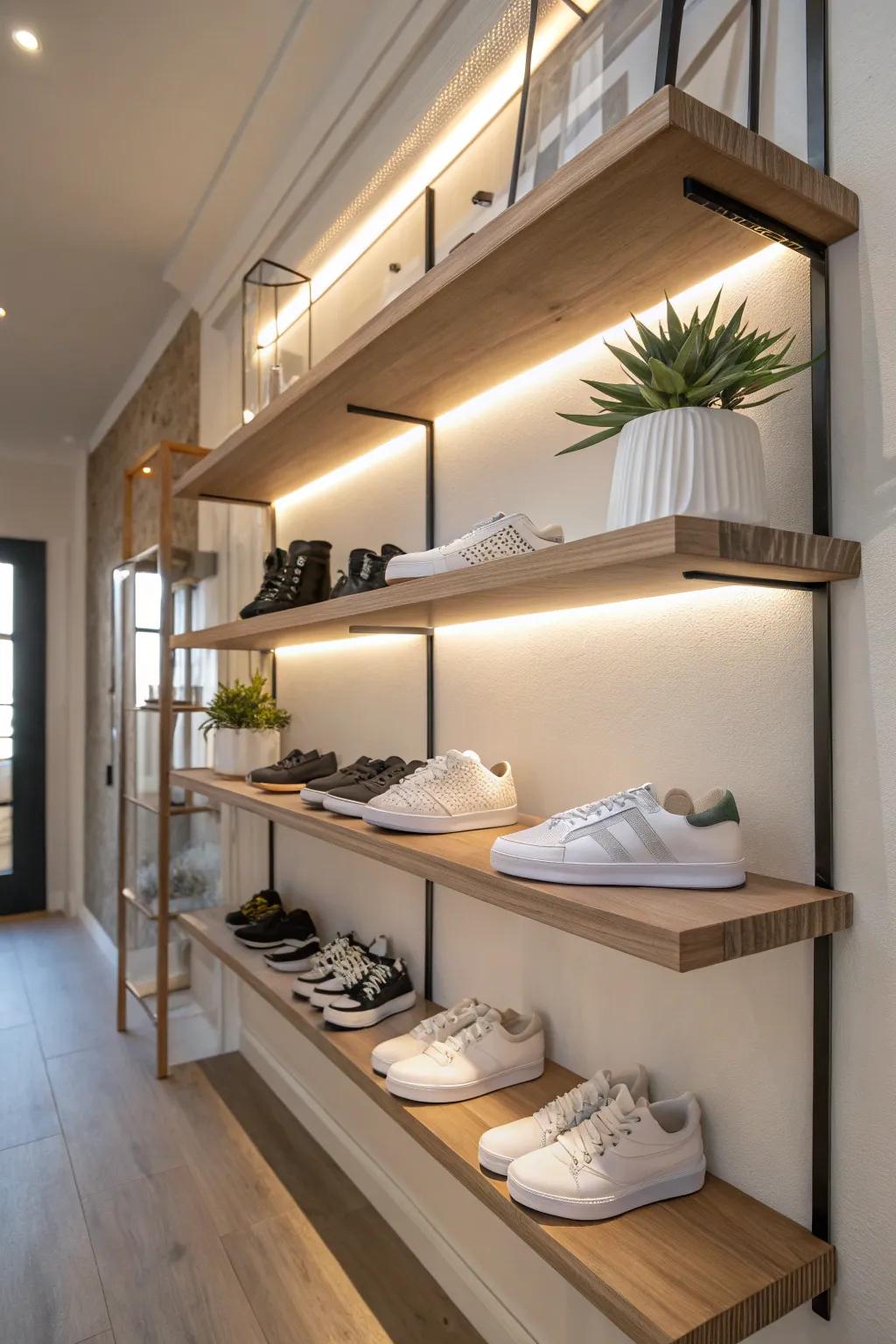 Embrace minimalism with floating shelves, showcasing your sneakers in a clean and stylish way. #MinimalistDesign #SneakerStorage #HomeDecor