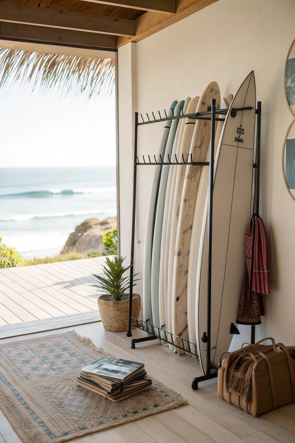Create a stylish nook with vertical racks for your surfboards, perfect for space-saving and accessibility.