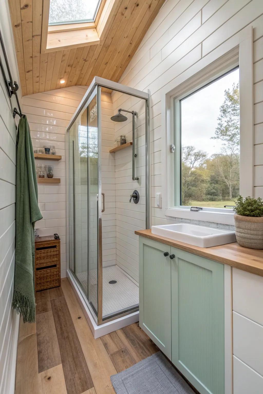 Embrace the elegance of a frameless walk-in shower that opens up your tiny bathroom with light and style.