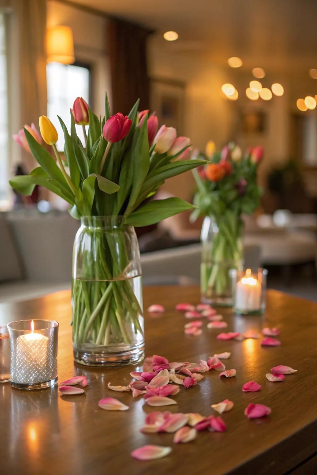 Classic elegance with tulips in a glass vase, a timeless touch for any home.