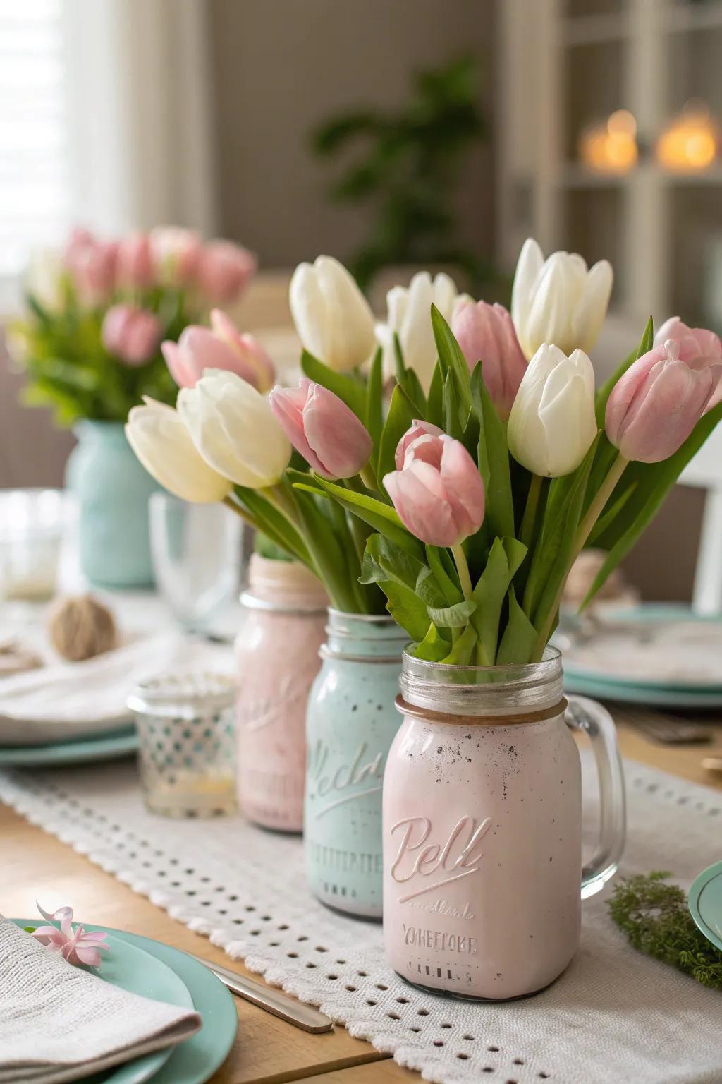 Bring rustic elegance to your table with tulips in pastel-painted mason jars. #RusticDecor #TulipLove 🌷