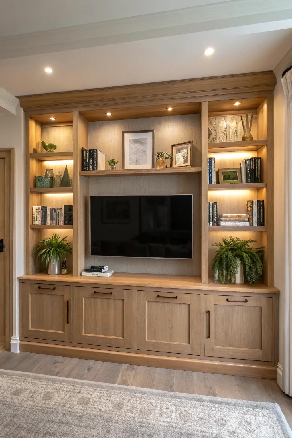 Seamless built-in shelves are perfect for a polished look and practical storage. #HomeOrganization #LivingRoomInspo