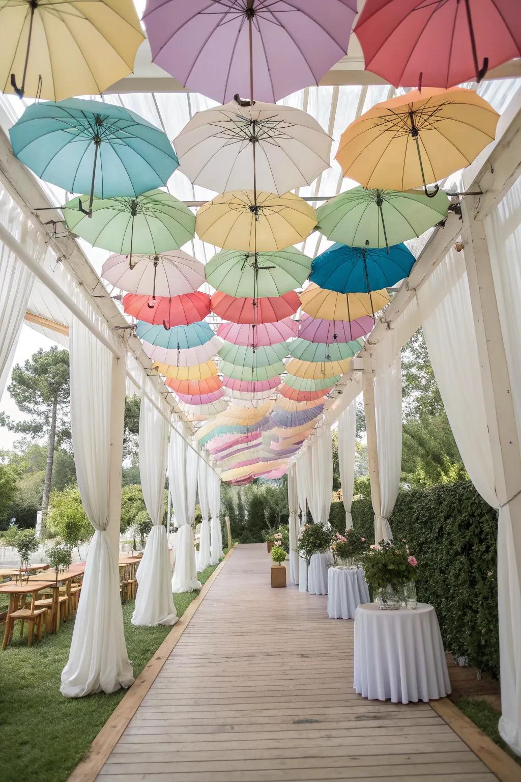 Add whimsy to your garden with a vibrant umbrella canopy overhead.