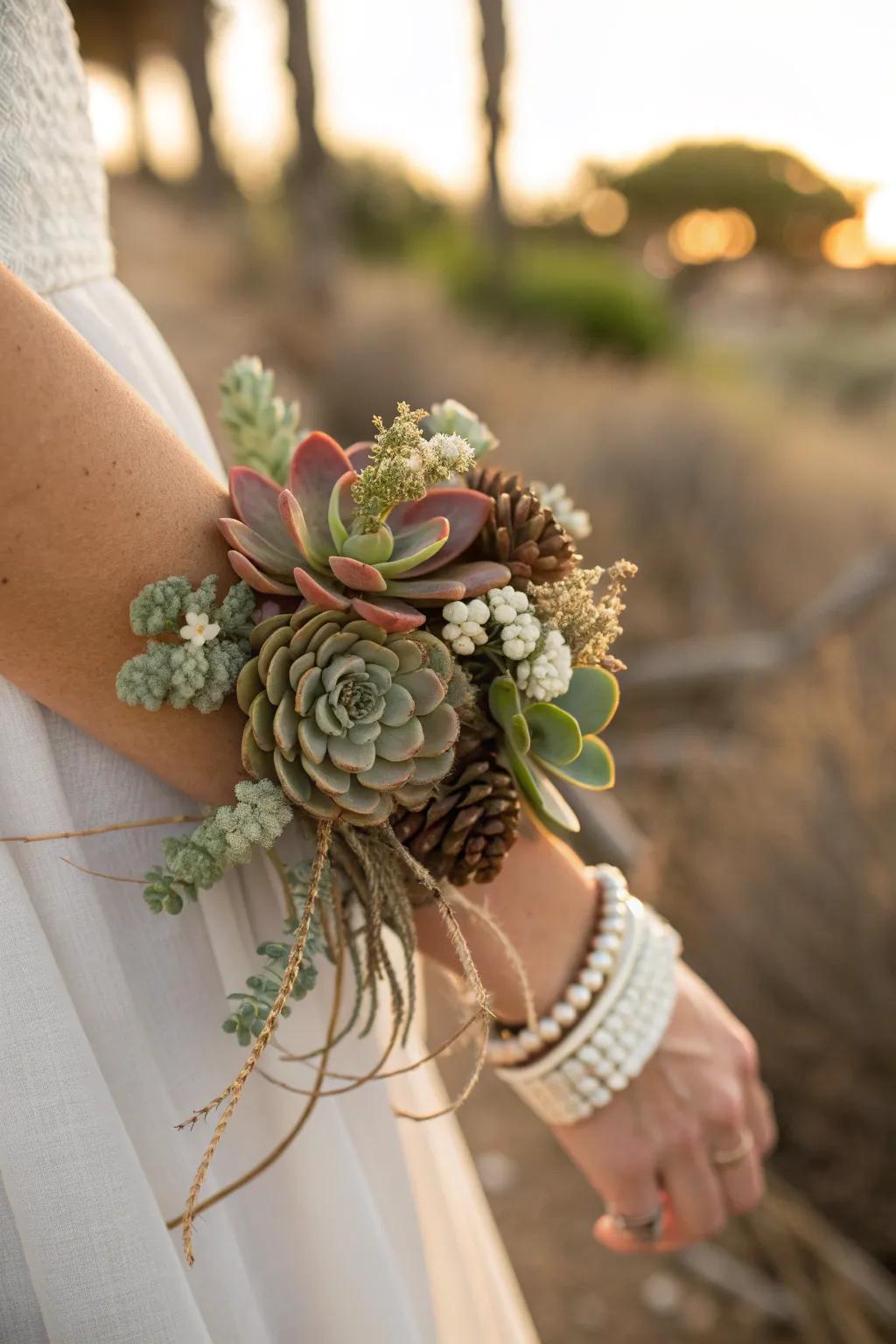 Bring nature's charm to your wrist with a succulent corsage that lasts. #SucculentStyle #EcoChic