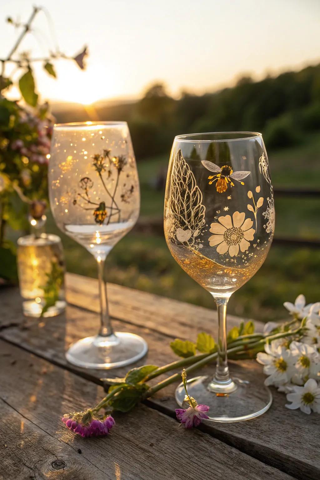 Embrace the beauty of nature with these exquisite floral wine glasses. 🍃 Perfect for a garden party! #NatureLover #WineGlassArt #UniqueDesign