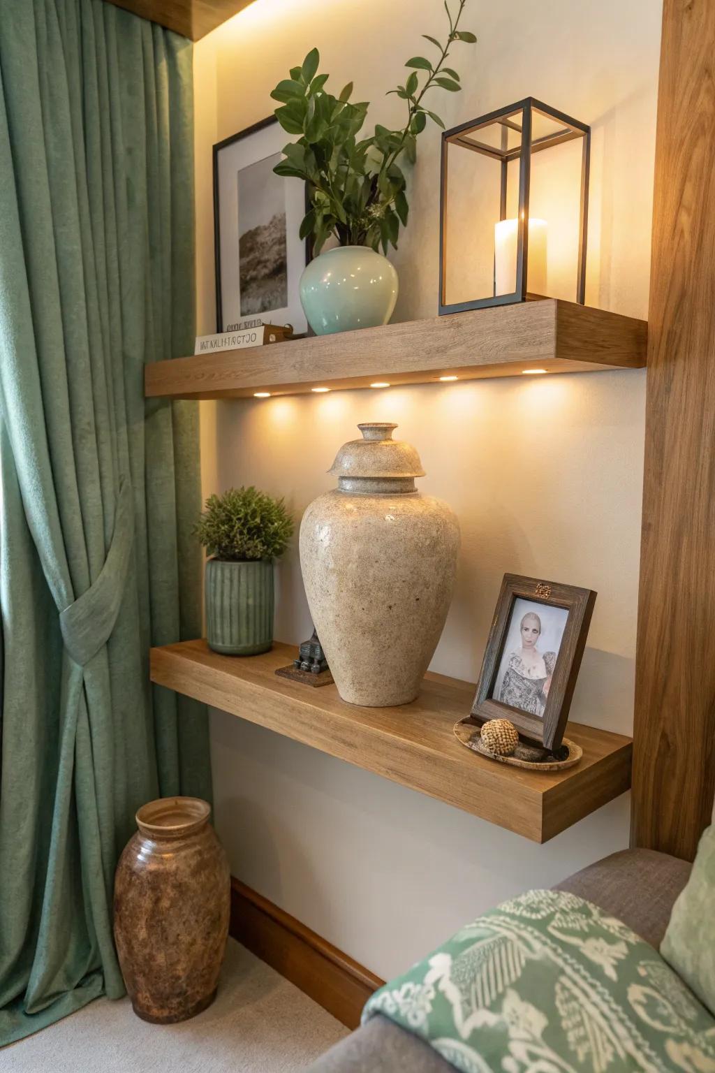 Elevate your space with a sleek floating shelf display that highlights cherished memories.