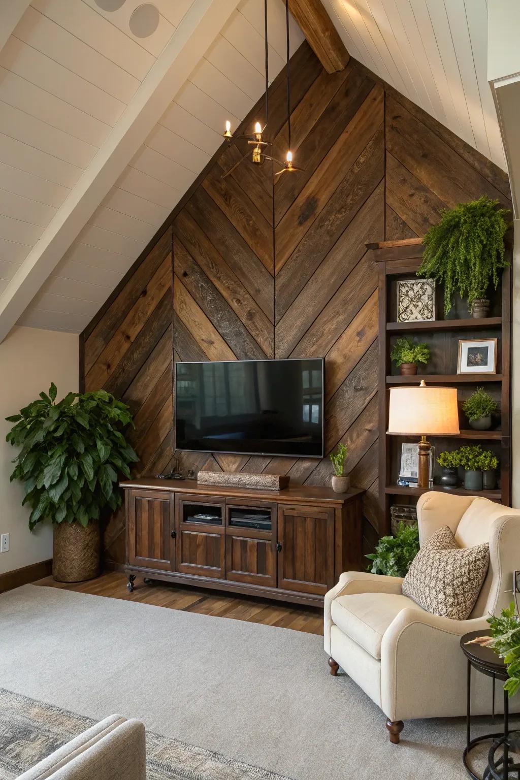 Reclaimed wood panels add warmth and character to your TV wall. 🌿 #RusticElegance #HomeInspiration