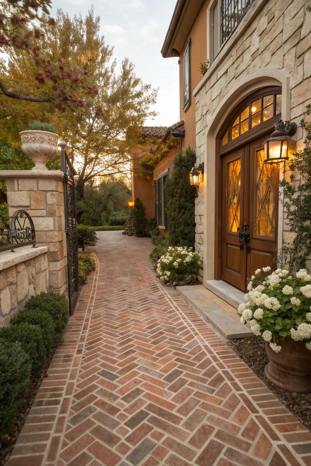 Achieve timeless elegance with a classic brick paver walkway that invites with charm and warmth. #WalkwayDesign #HomeInspiration