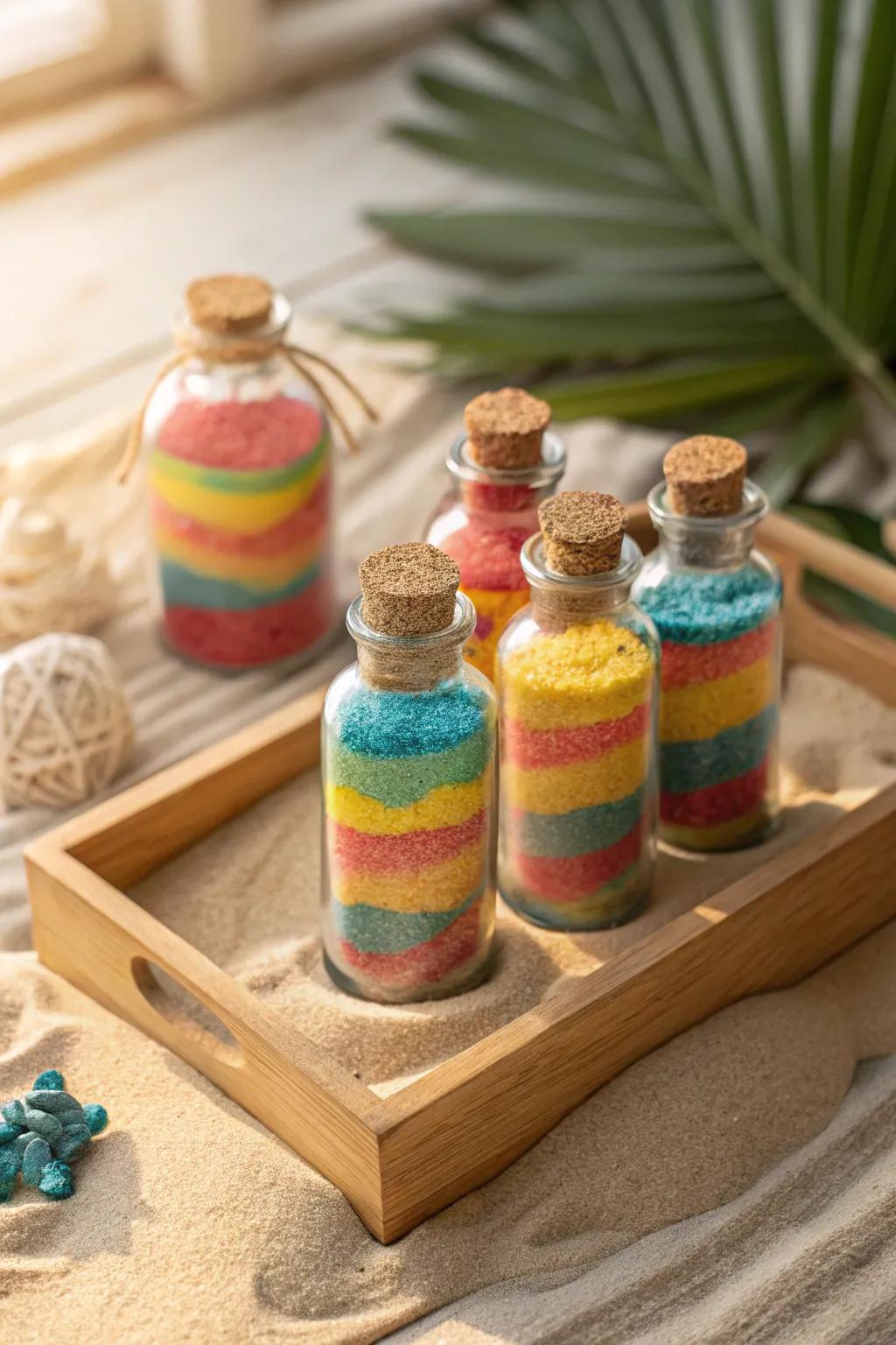 Create a miniature desert landscape with vibrant layers of sand in mini glass bottles.