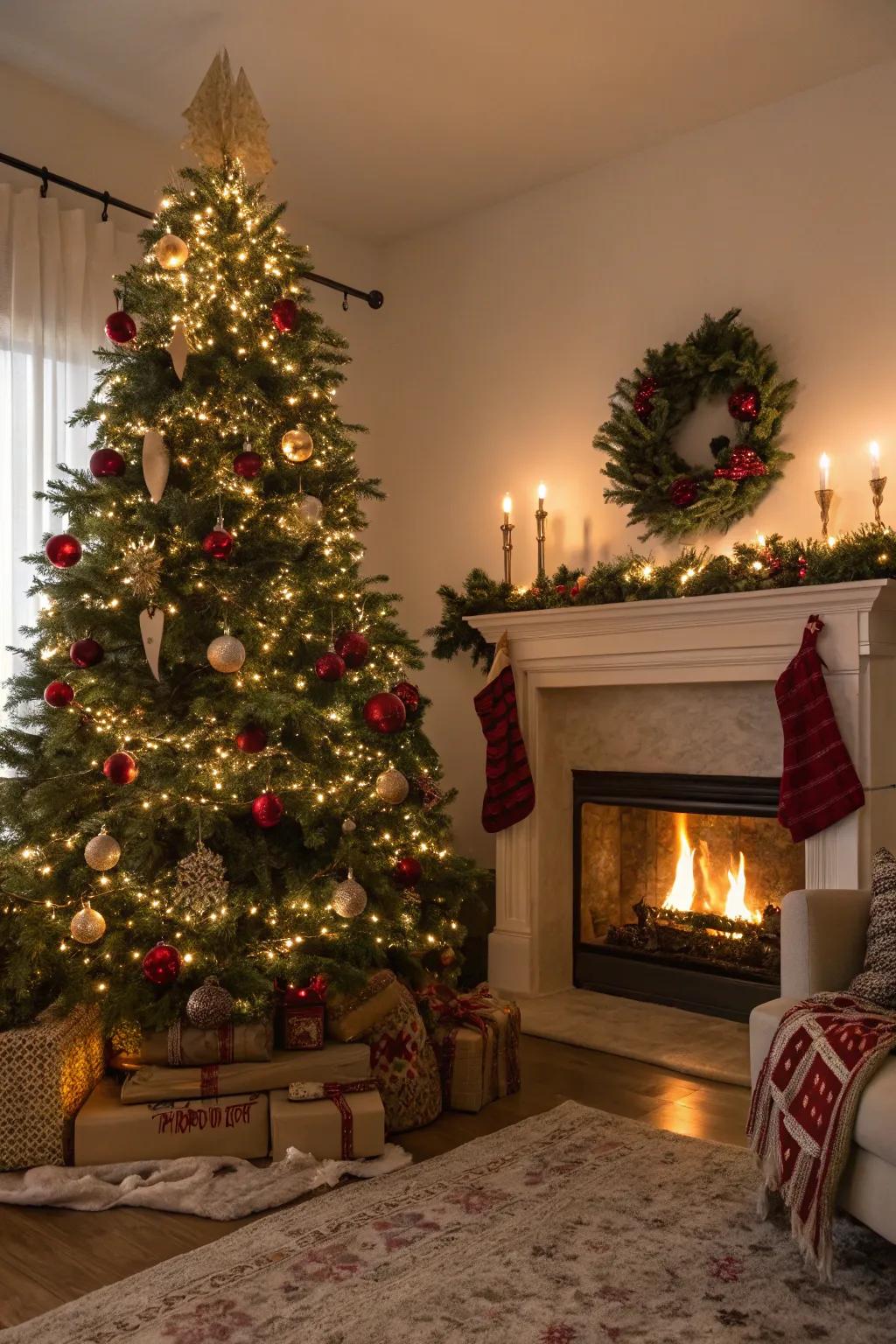 Create a warm holiday ambiance with your tree near the fireplace, a perfect gathering spot for festive moments.