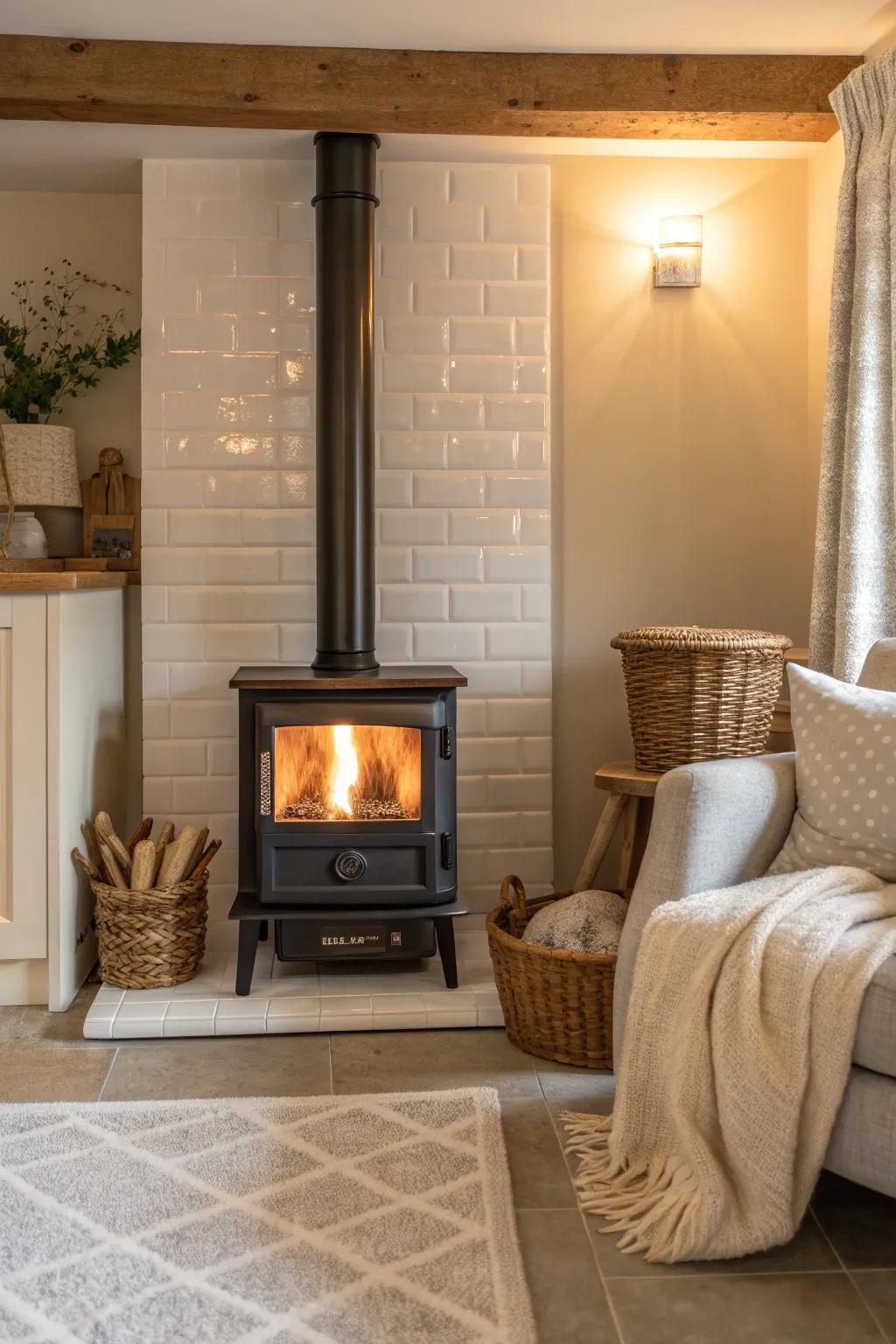 Achieve a timeless look with glossy subway tiles around your wood burning stove, perfect for any modern home.