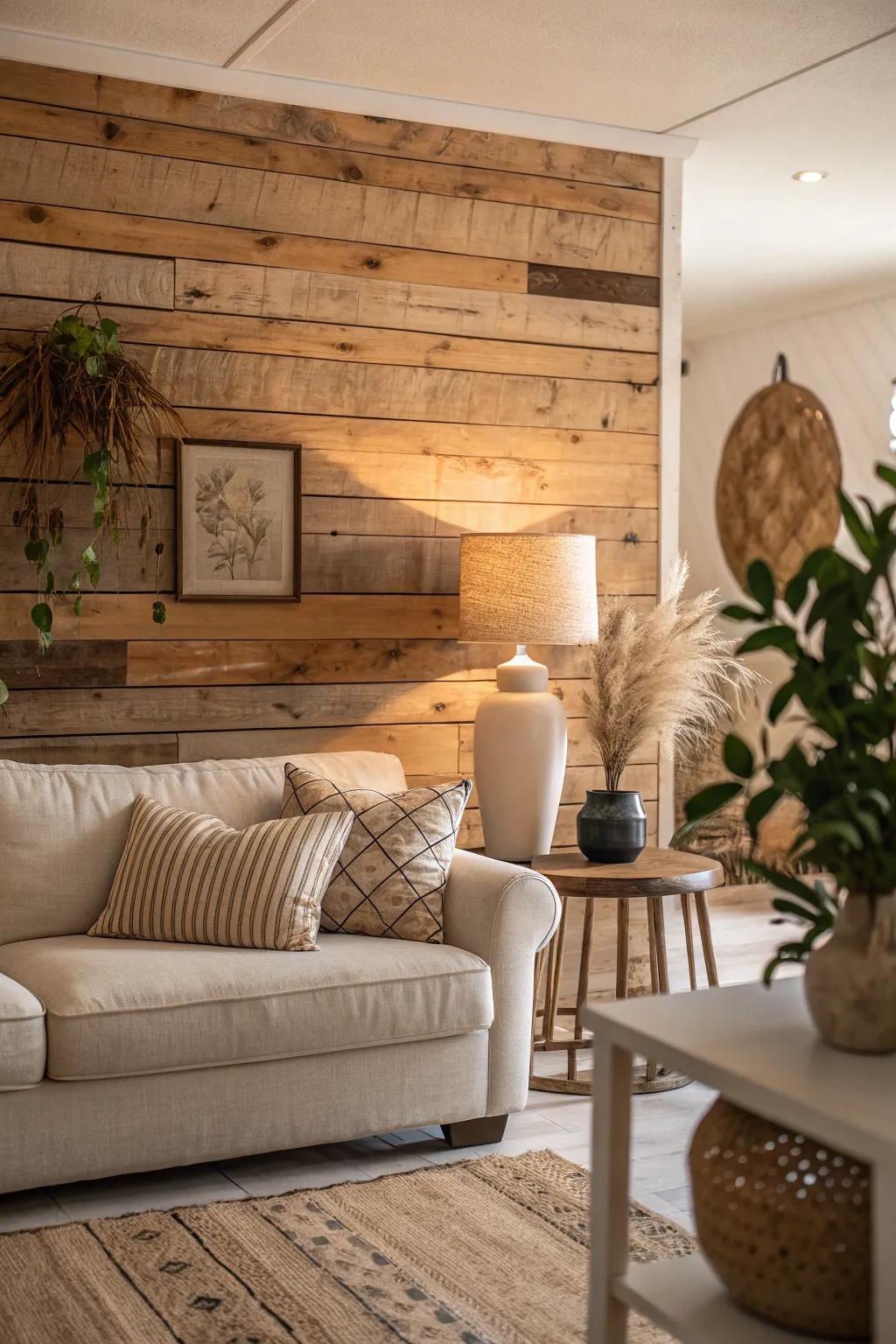 Make a statement in your living area with a warm and inviting wood plank accent wall.