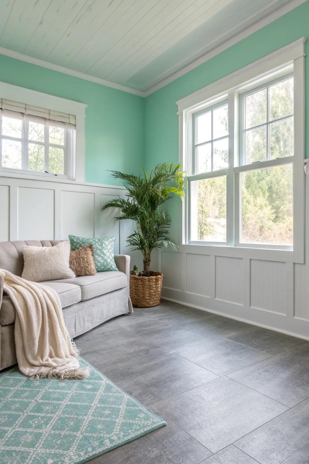 Mint walls create a refreshing and airy atmosphere, perfectly complementing gray floors.