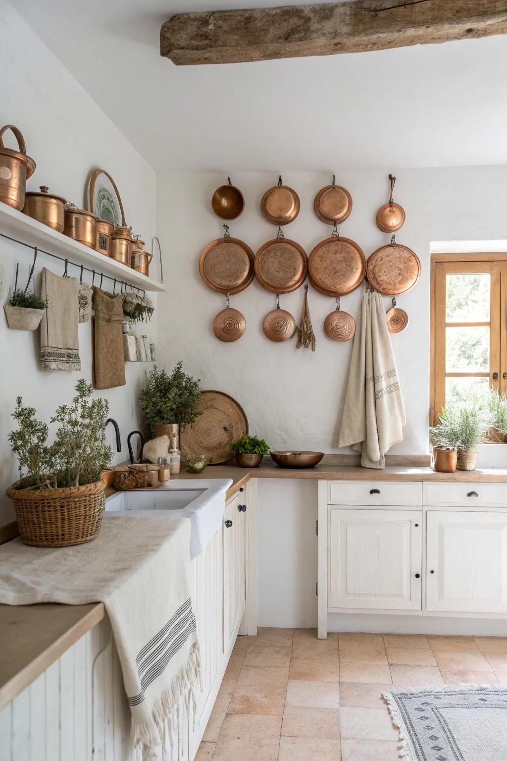 Add rustic charm with a decorative cookware display that doubles as art.