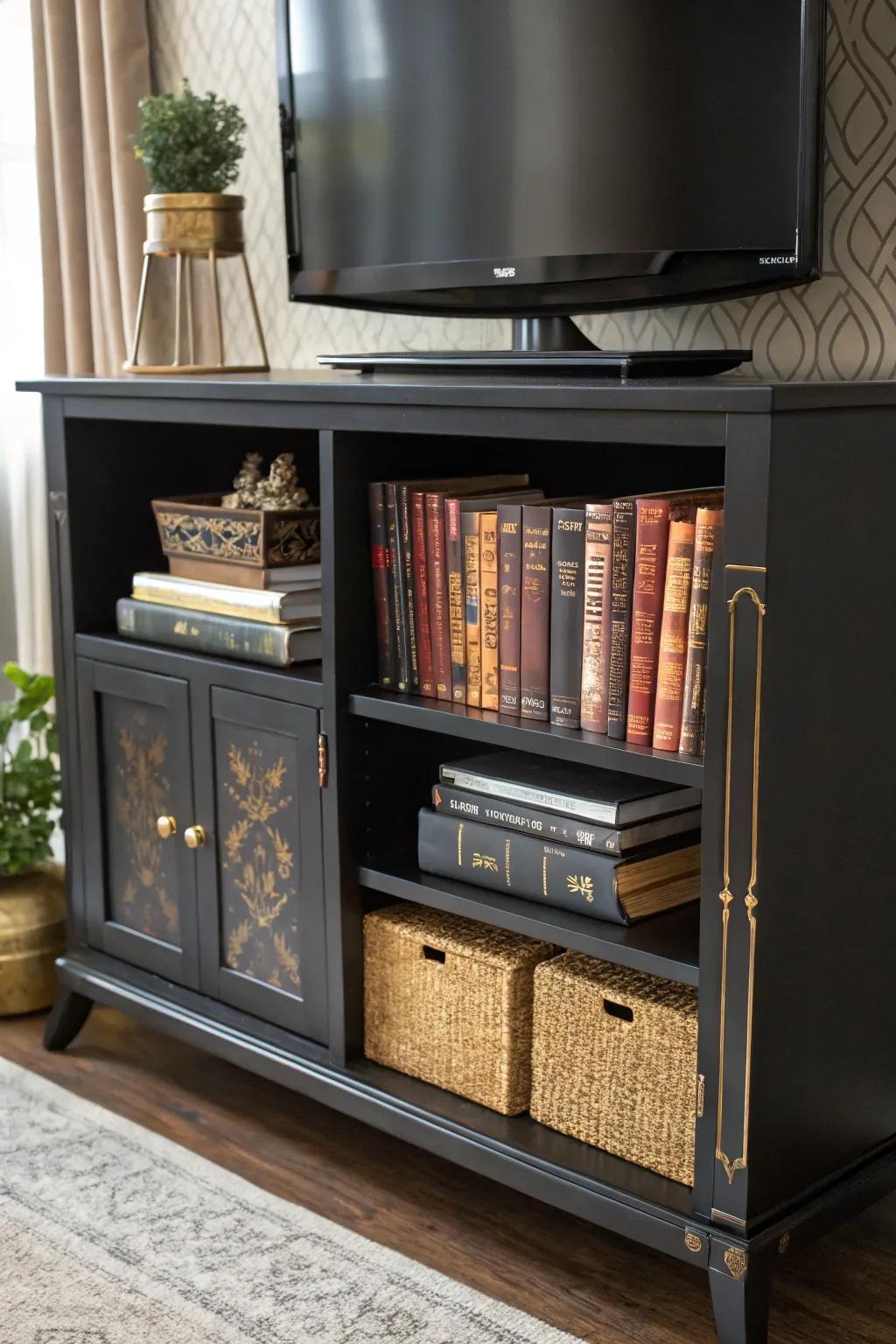 Showcase your artistic side with a curated bookshelf on your TV stand.