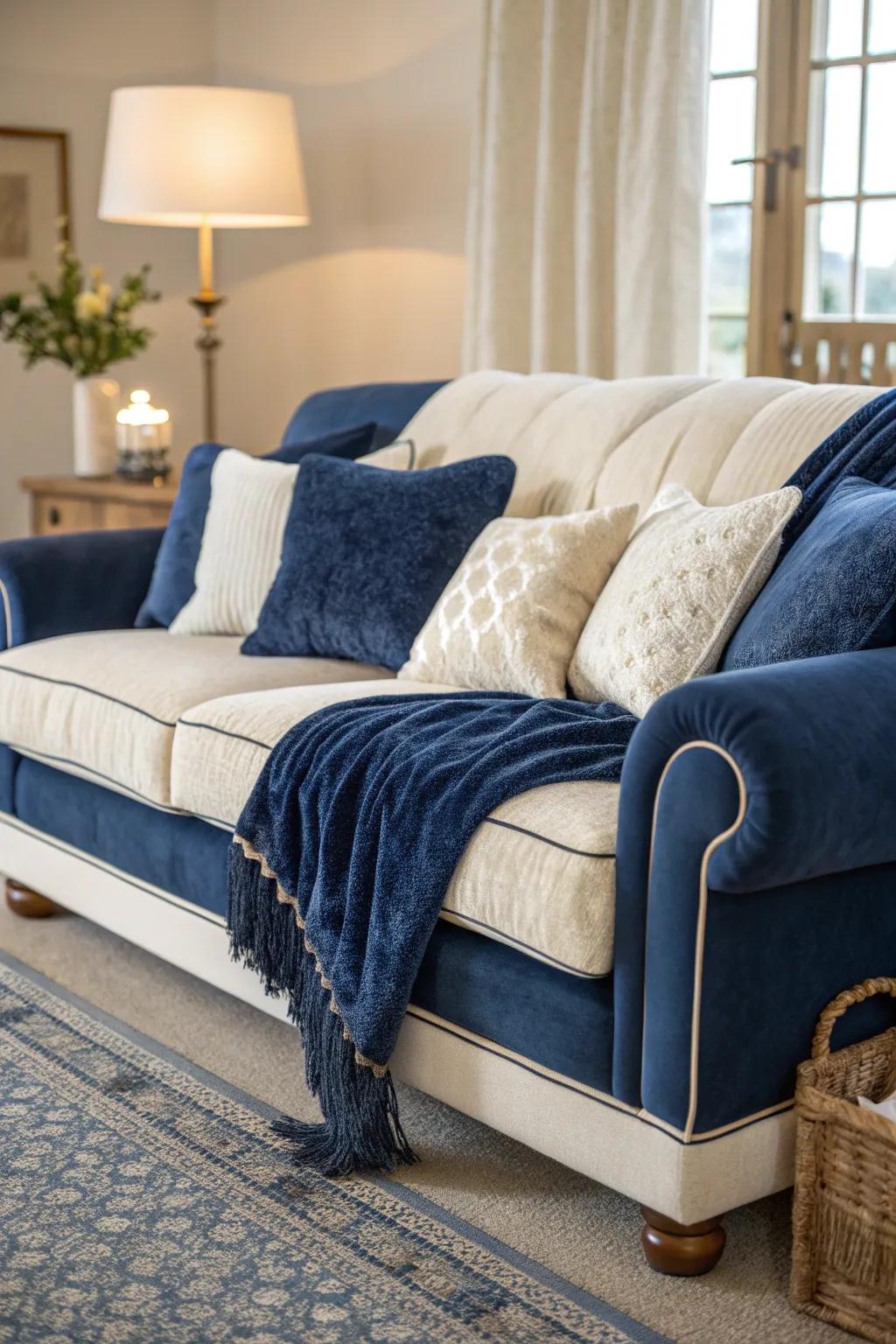 Blue and cream textiles add texture and comfort, bringing your living room design full circle.