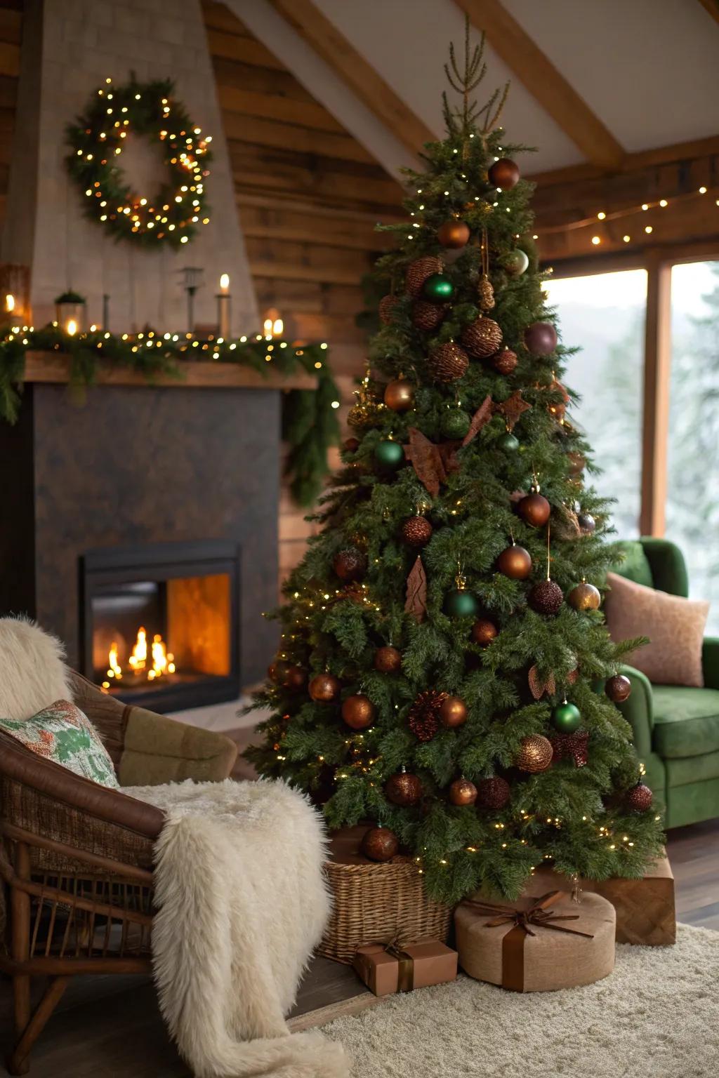 Brown and green decorations bring the serenity of nature indoors for a peaceful holiday atmosphere.