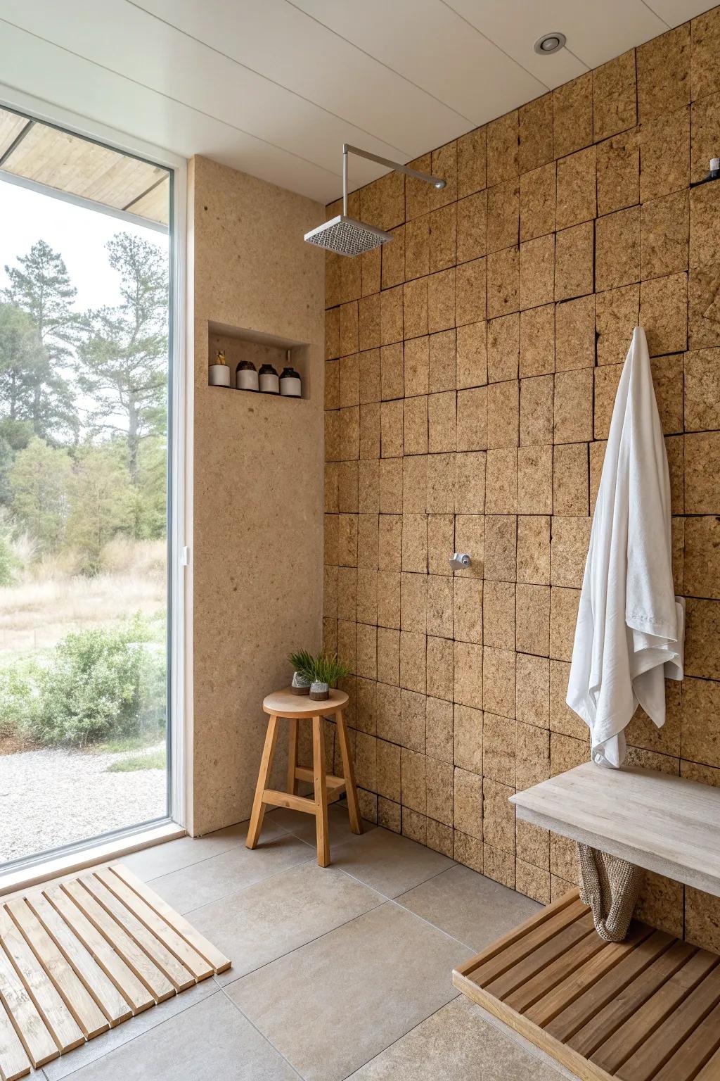 Cork tiles add eco-friendly warmth and texture to your shower. Naturally unique! 🌱 #EcoFriendly #CorkDesign