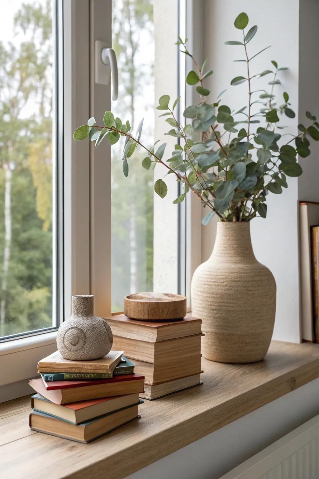 Create a unique and fun look with an eclectic mix of decor on your window sill.