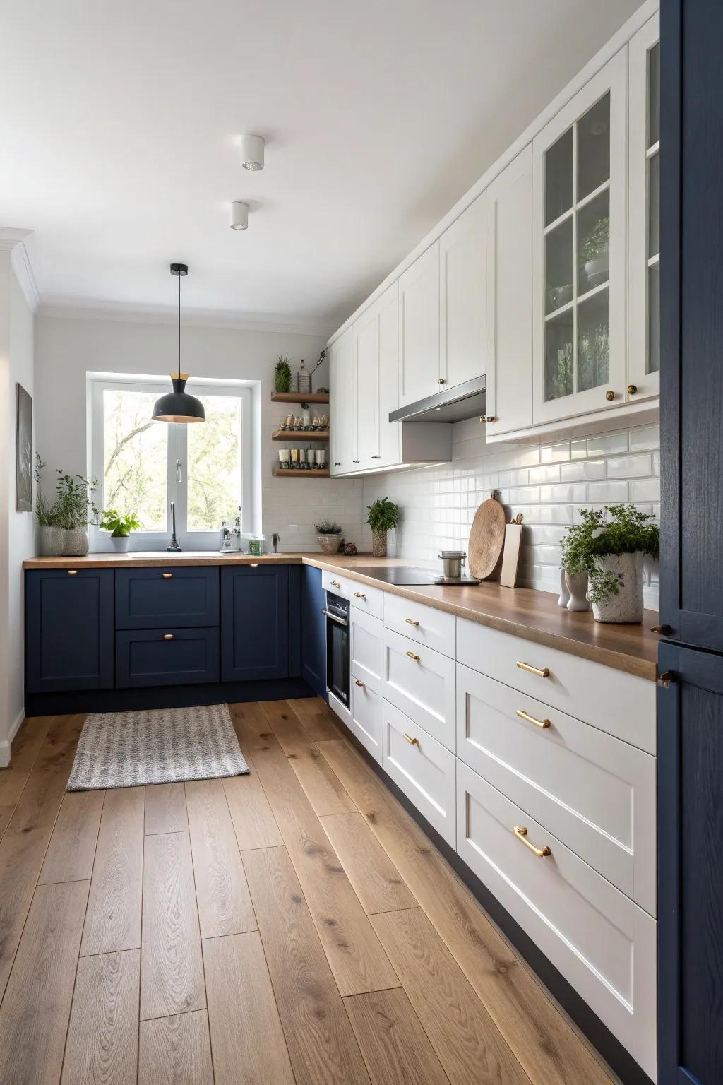 Unify your kitchen design with flooring that complements your navy and white palette.