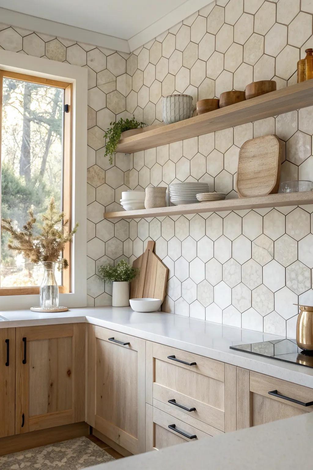 Hexagon tiles bring playful geometry and elegance, perfect for a stylish kitchen update.
