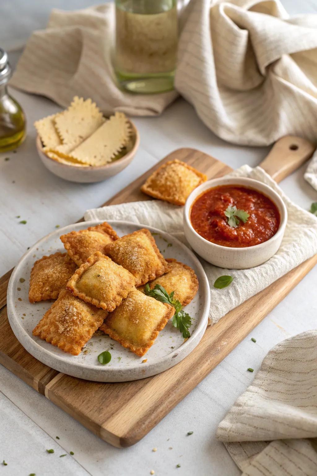 Delight in the crispy goodness of fried ravioli, perfect for dipping and snacking.