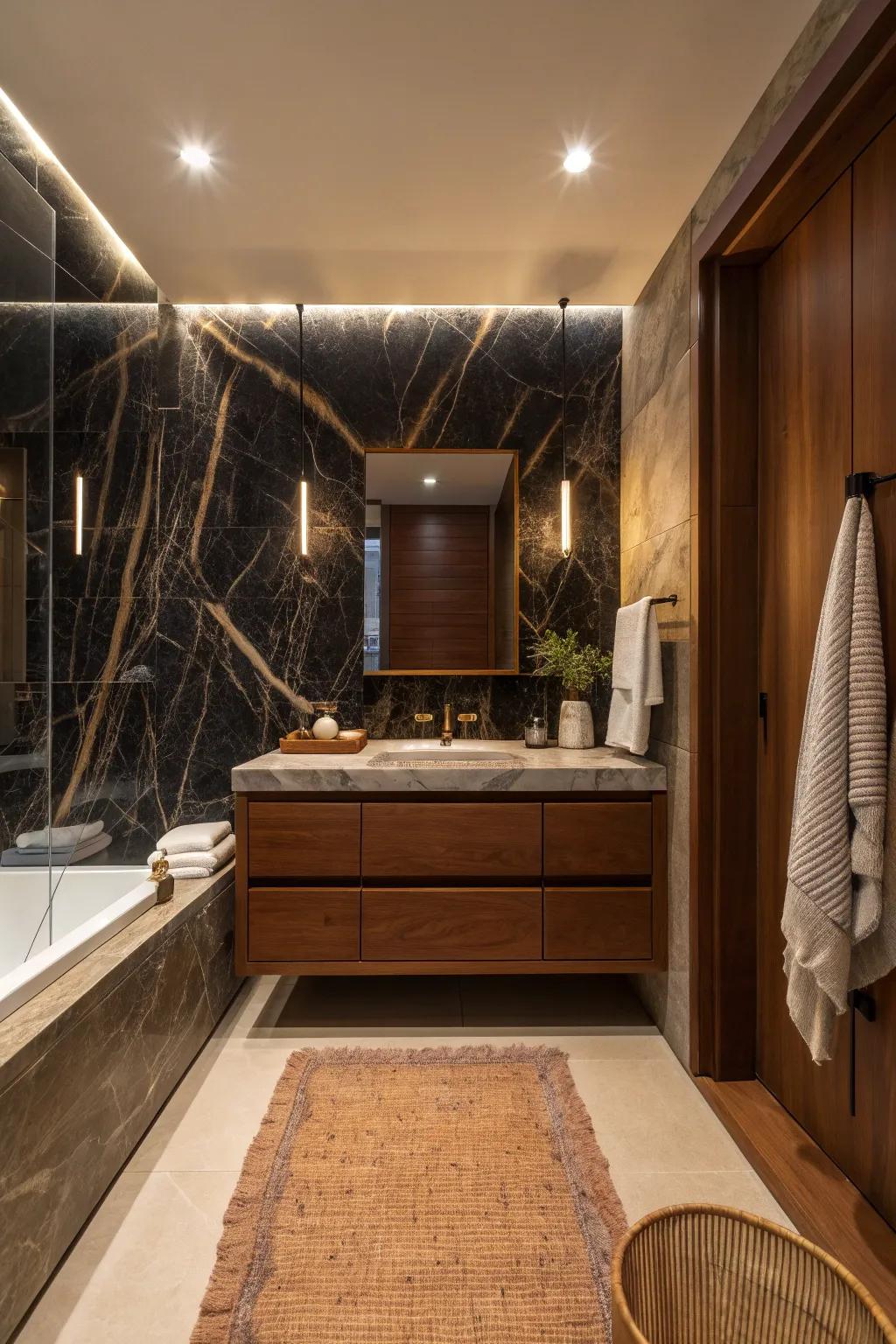 Create a cozy retreat with the natural harmony of onyx and wood elements. 🌿🪵 #WoodAndStone #CozyBathroom