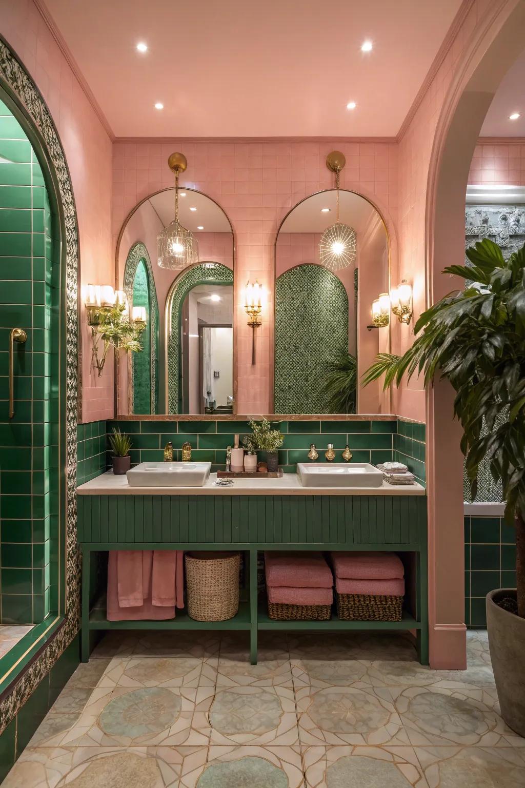 Create depth with layered lighting that beautifully accentuates pink and green accents.