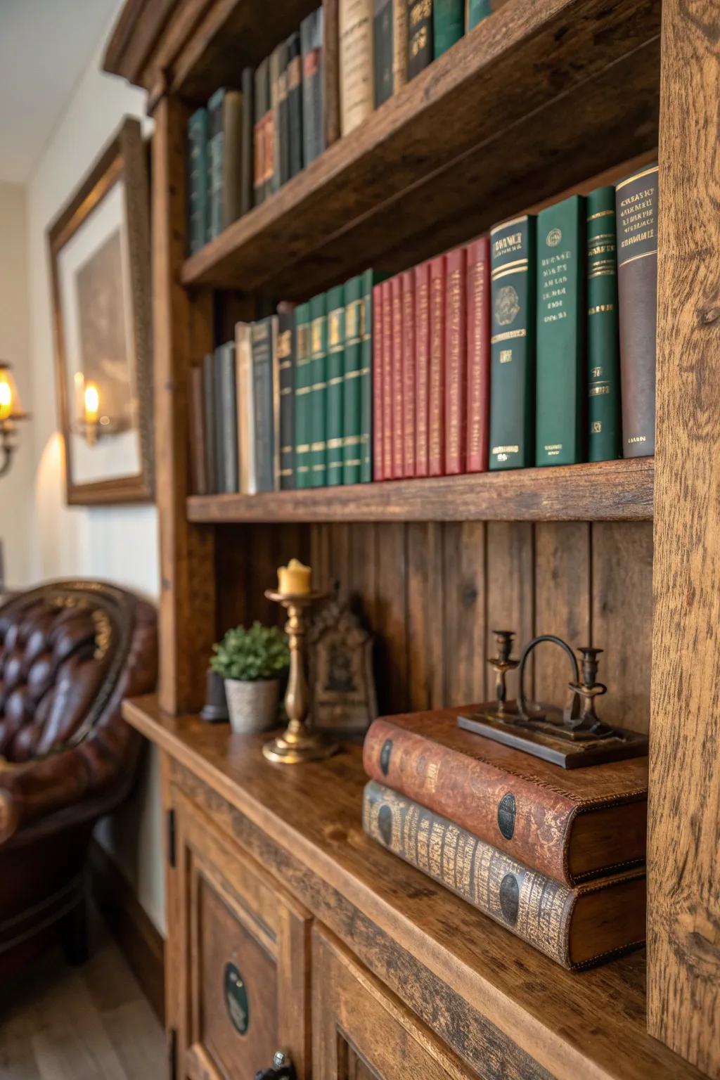 Elevate your bookshelf display with a rustic wood plank backing.