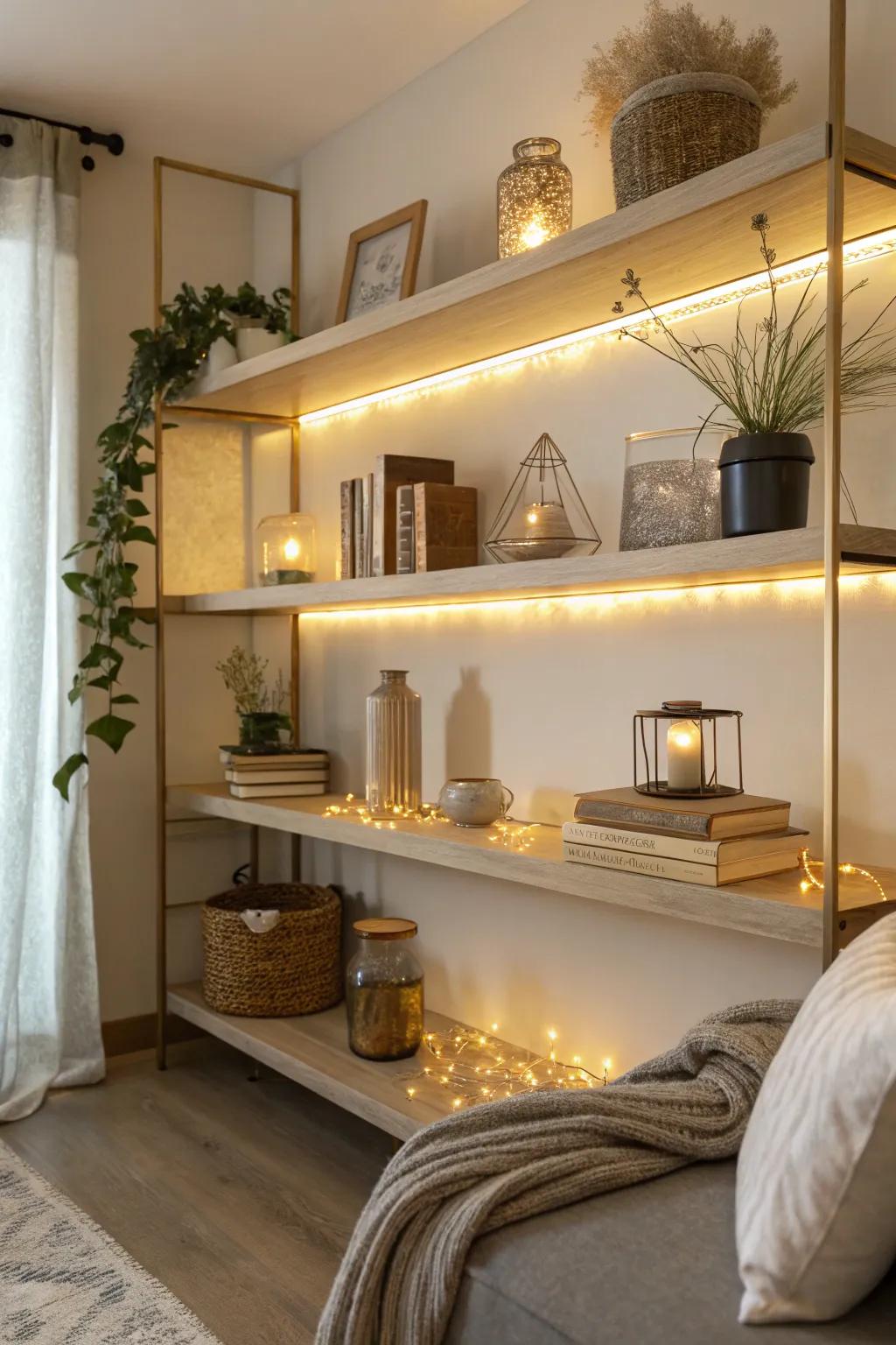 Add an enchanting glow to your decor with hidden shelf lights. #SubtleElegance #DecorTricks
