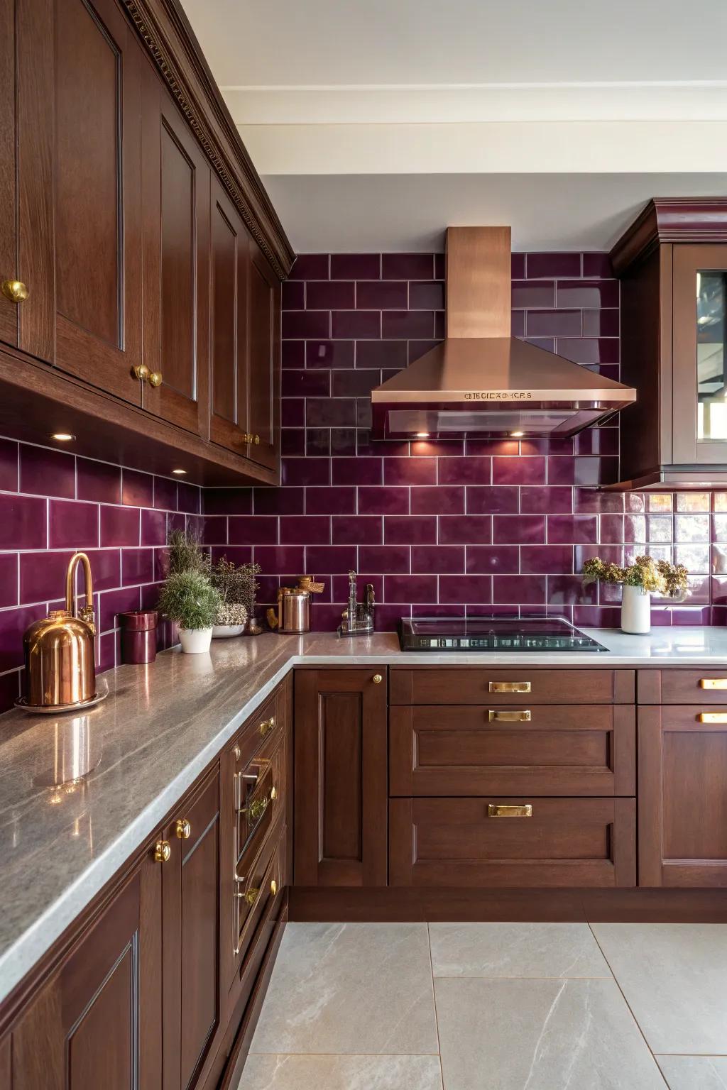 Purple tiles make a dramatic statement, adding a unique flair to cherry cabinets.