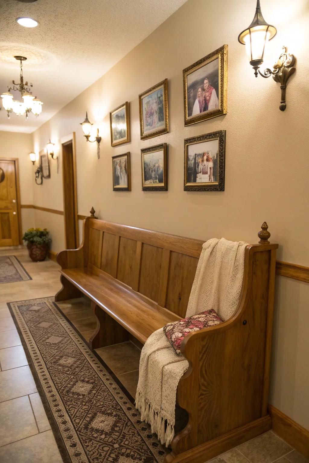 Create a hall of memories with a church pew, celebrating family stories and cherished moments.