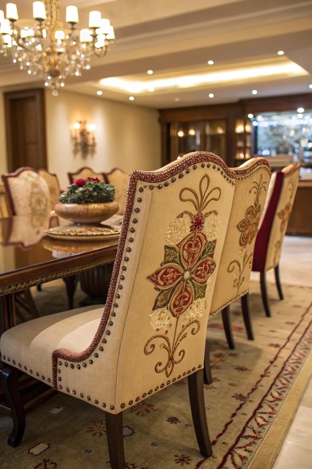 Add a personal touch to your dining room with beautifully embroidered chair designs. ✨ #PersonalizedDecor #EmbroideryArt