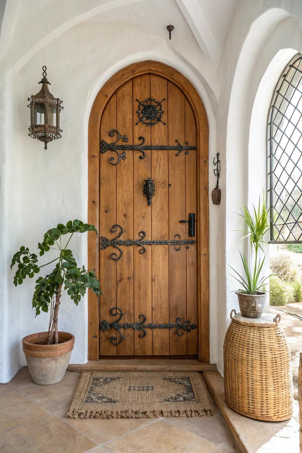 Blend warmth and strength with wooden arched doors featuring iron accents. 🪵 #WoodAndIron #RusticCharm #InvitingEntryway