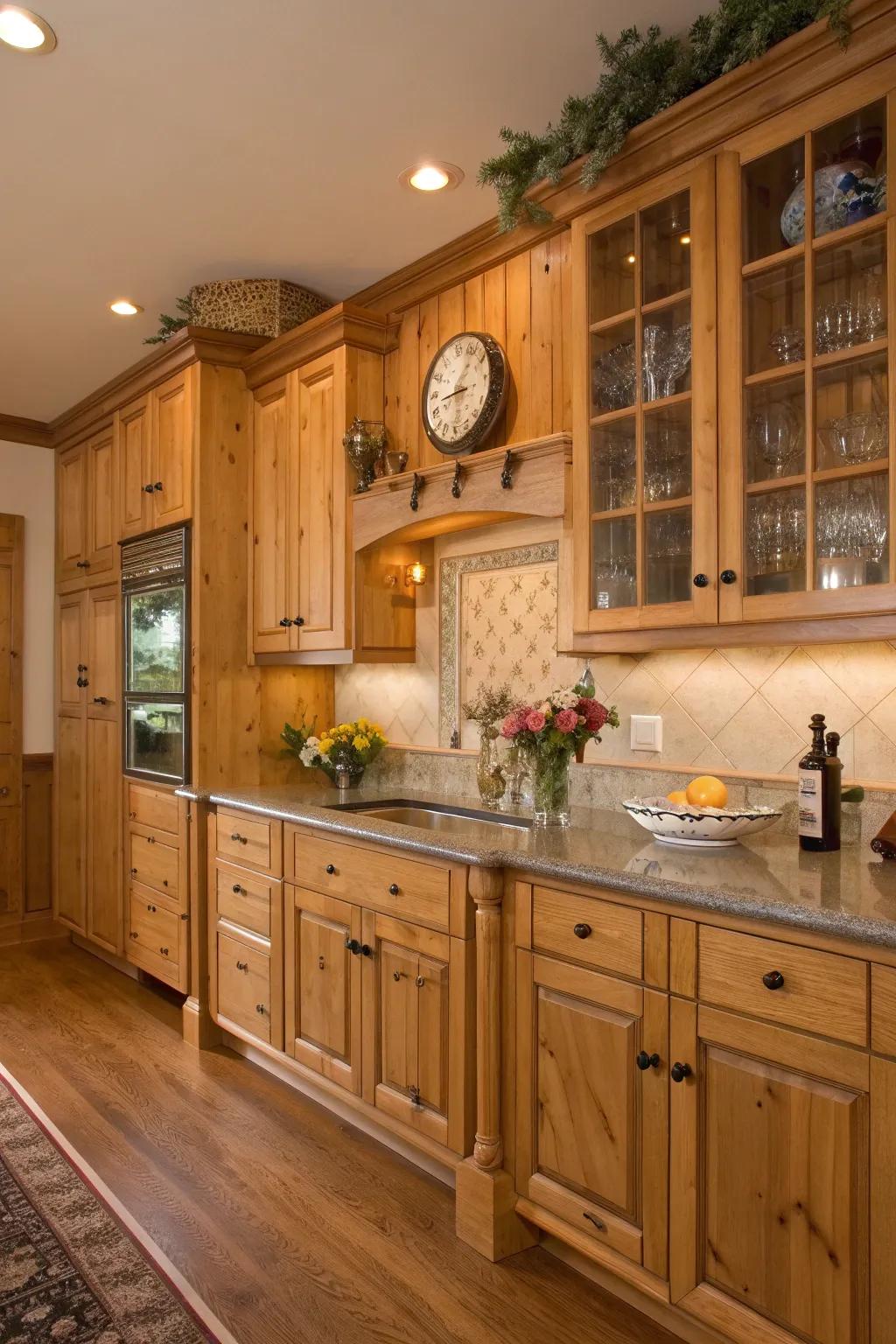 Embrace a timeless aesthetic with classic knotty pine cabinets that welcome you home.