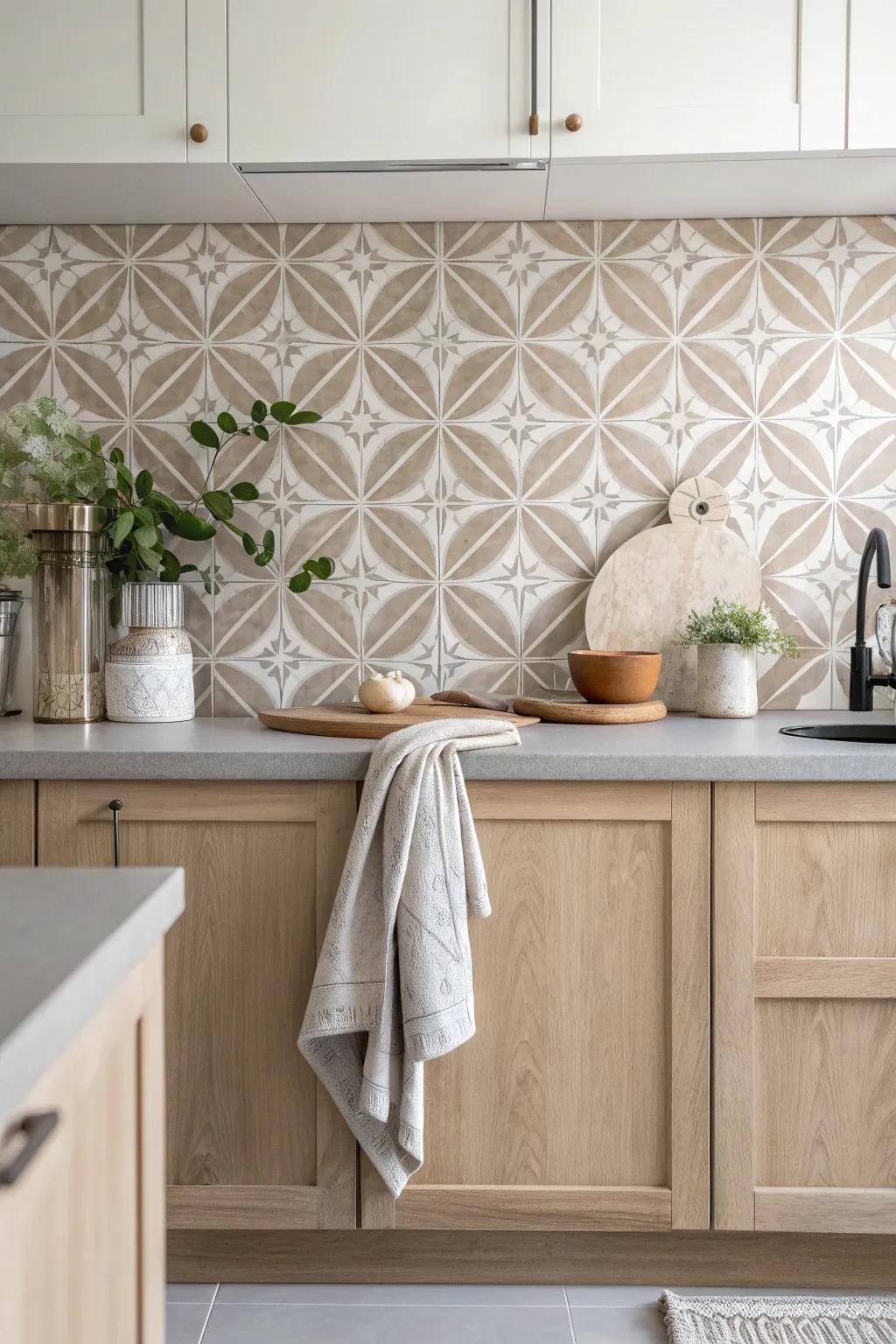 Geometric patterns in greige add sophistication and visual intrigue to any kitchen setting.