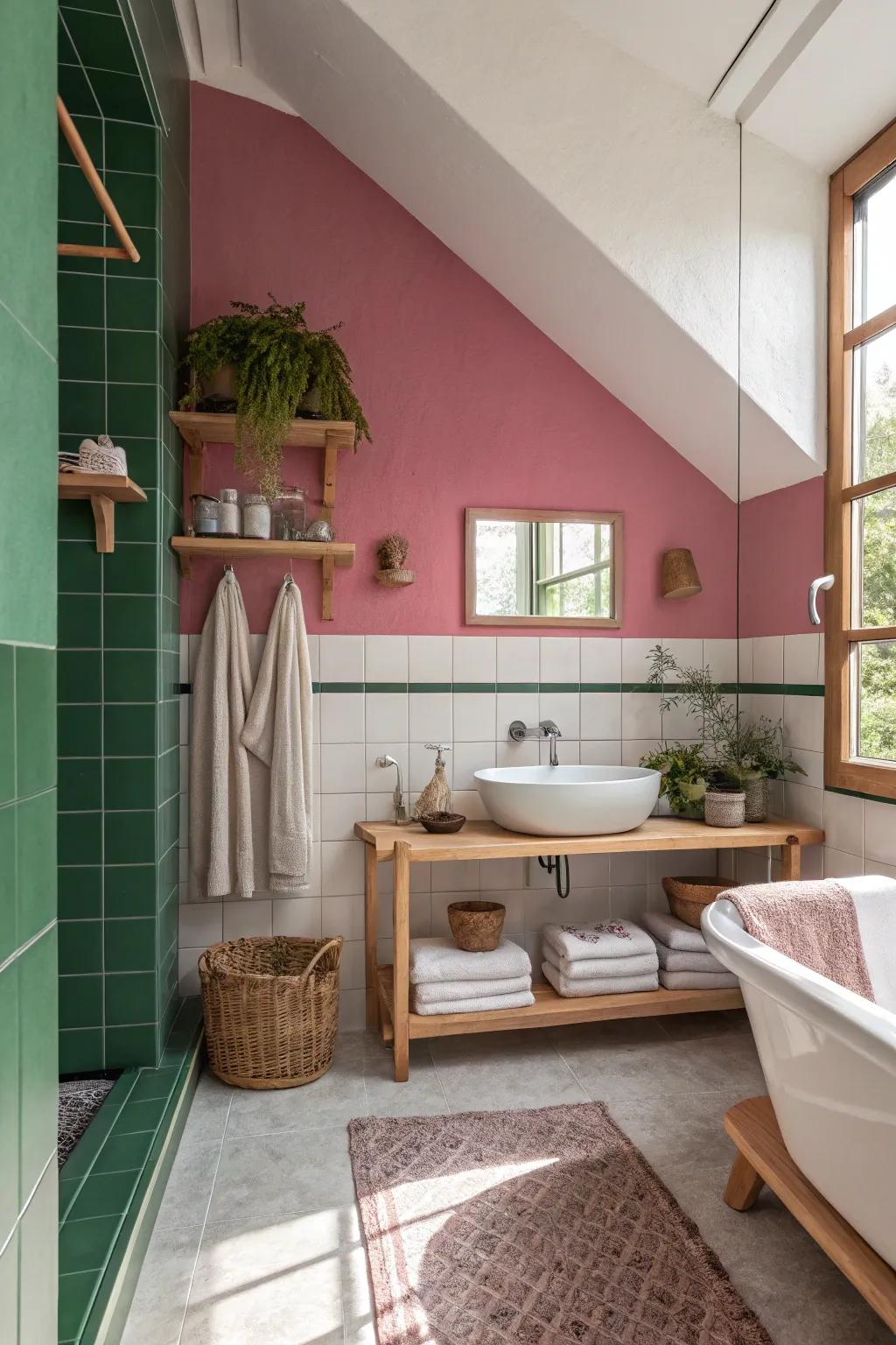 Make a statement with a bold accent wall in pink or green for a striking bathroom focal point. 🎨 #AccentWall #BoldDesign #BathroomInspo