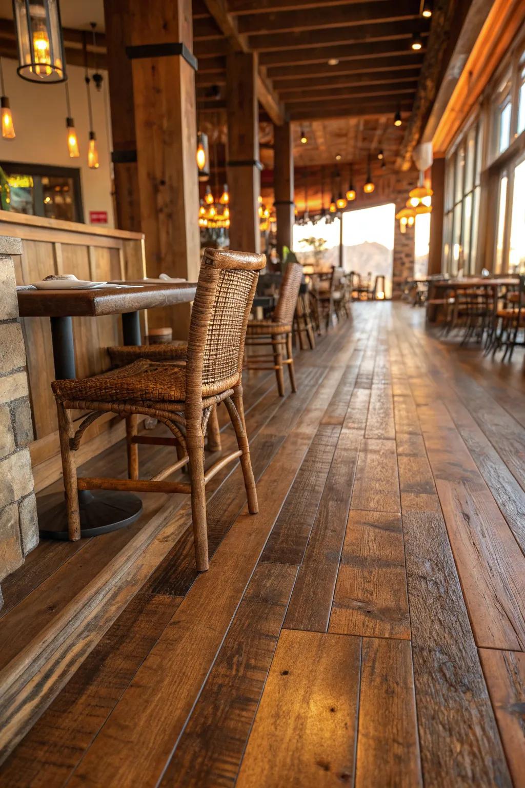Infuse your restaurant with character using reclaimed wood flooring. #RusticCharm #SustainableDesign #ReclaimedWood