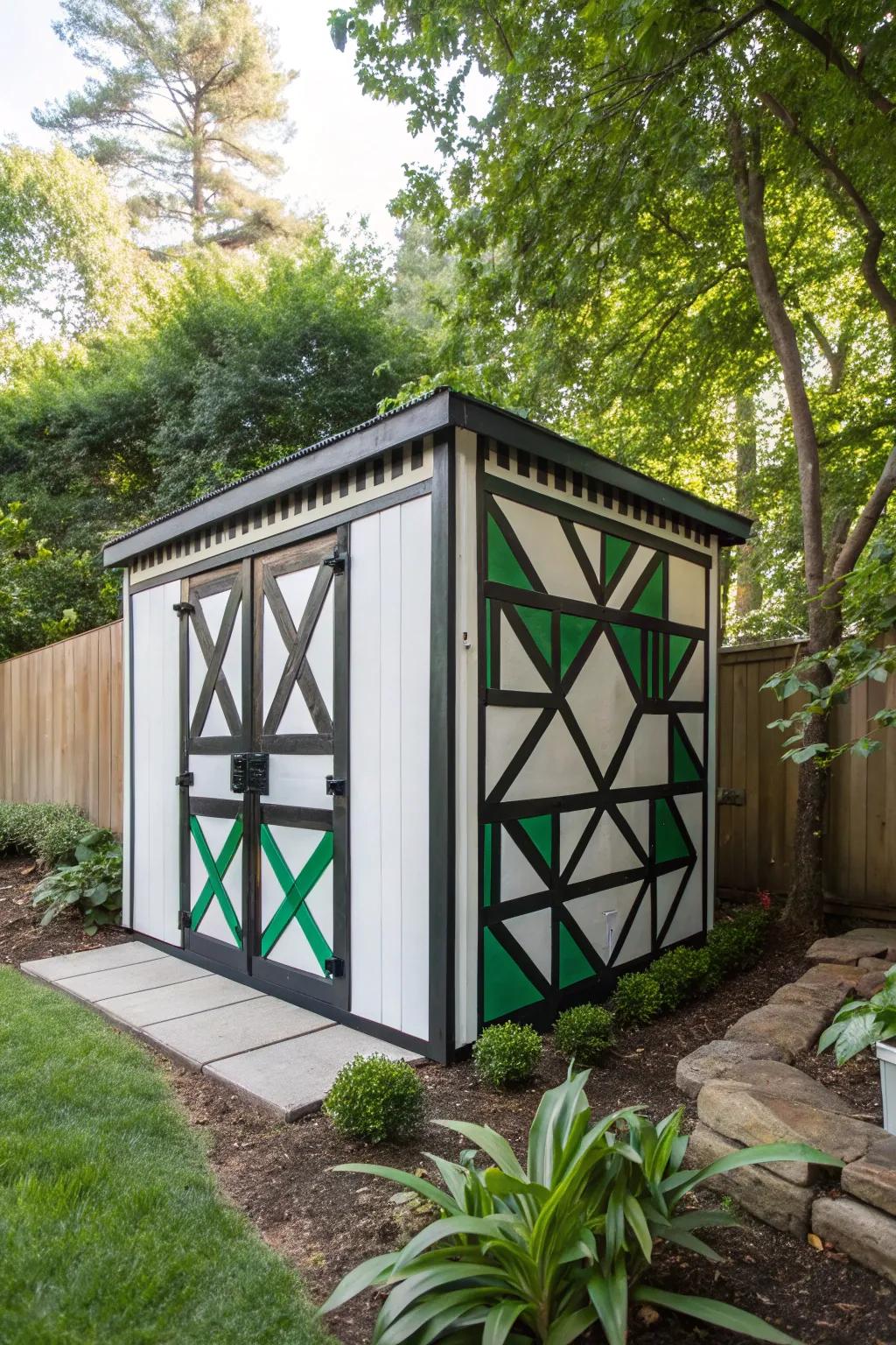 Geometric patterns bring contemporary art to your shed, making it a stylish garden feature. #ModernDesign #ArtInTheGarden #ShedInspiration