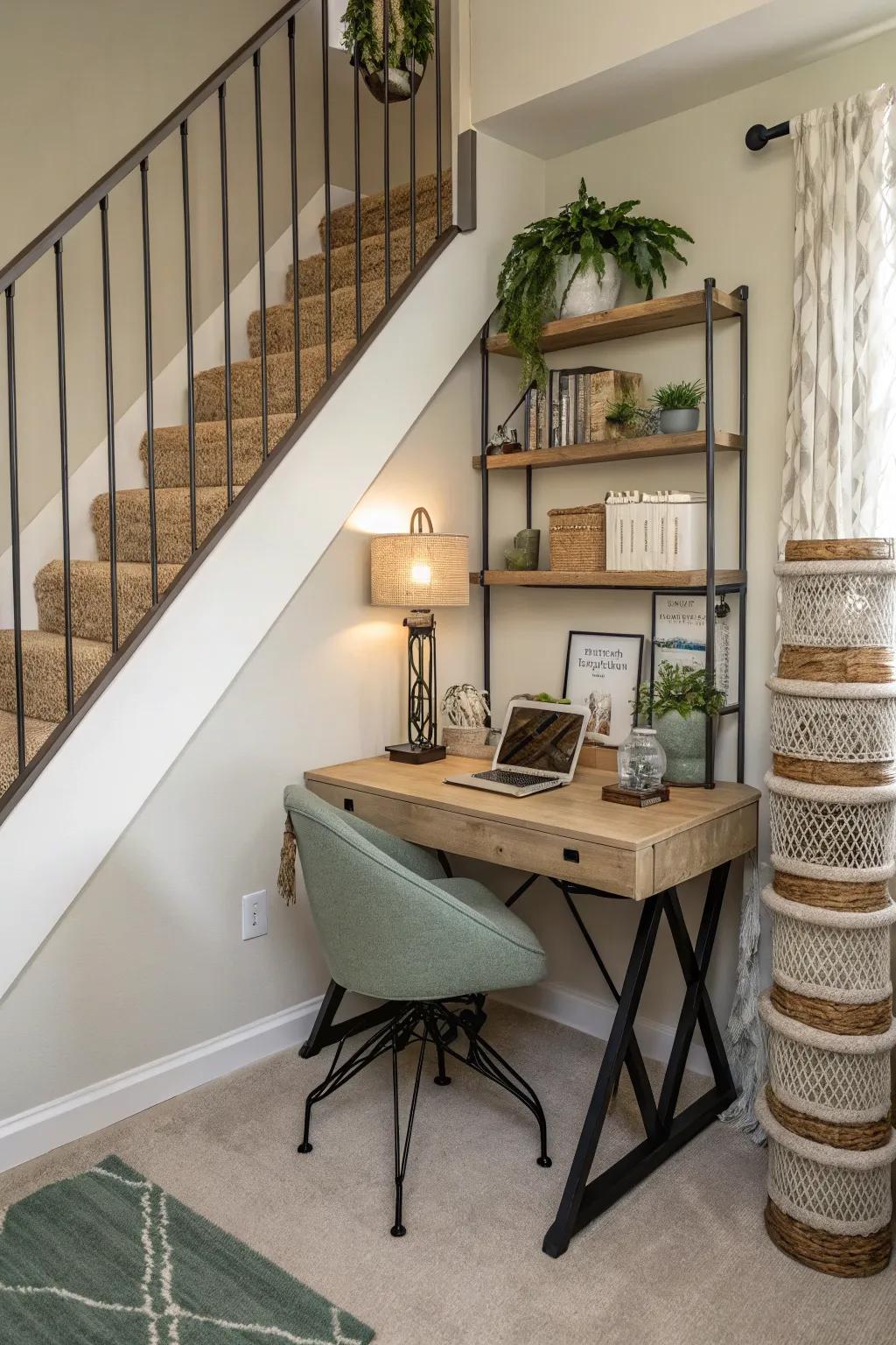Make your stair landing a productive space with a stylish home office setup.