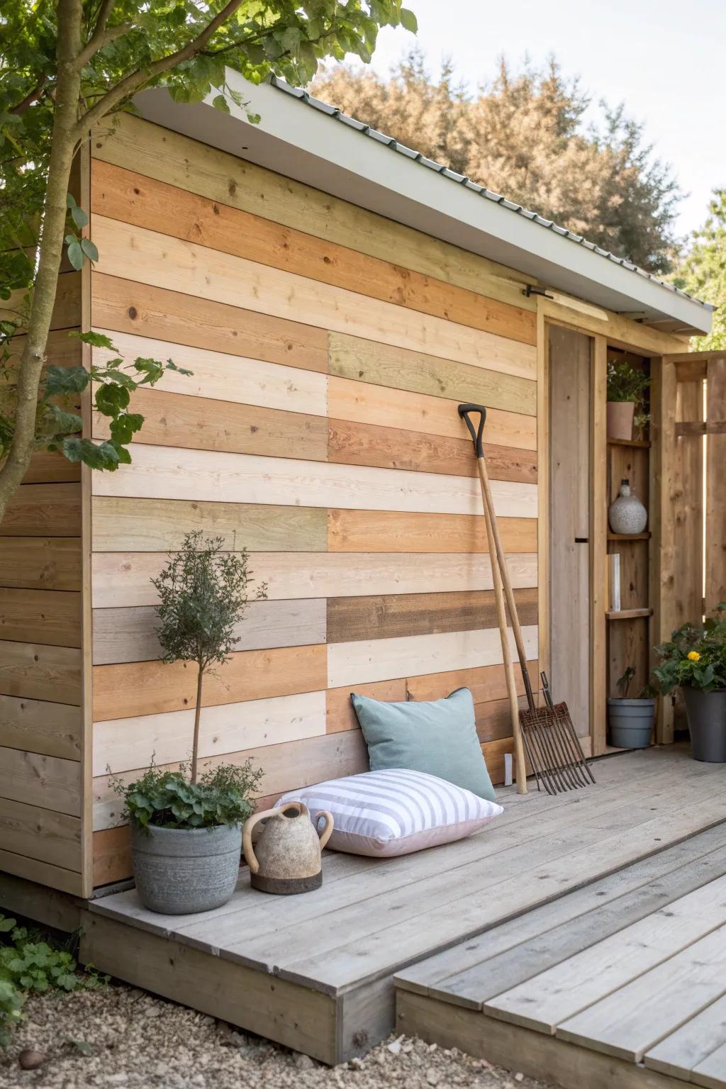 Transform your garden shed into a charming retreat with wood planks. 🌿 #GardenDesign #OutdoorRetreat