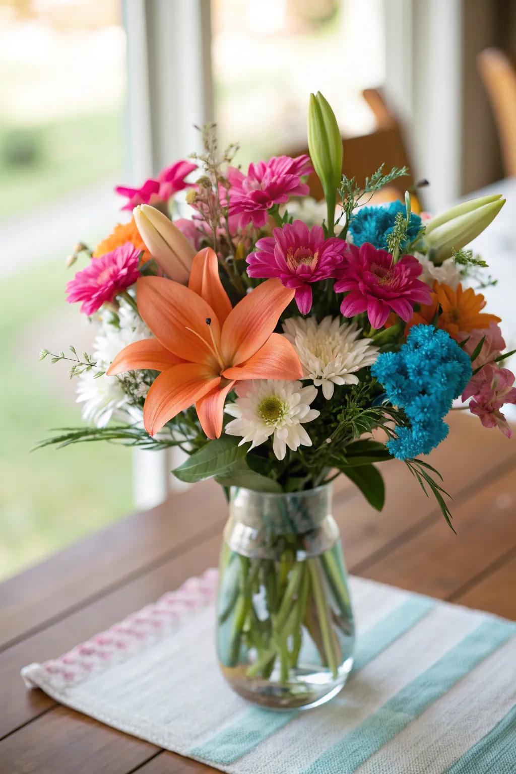 A mixed floral arrangement brings vibrancy and diversity to your anniversary decor.