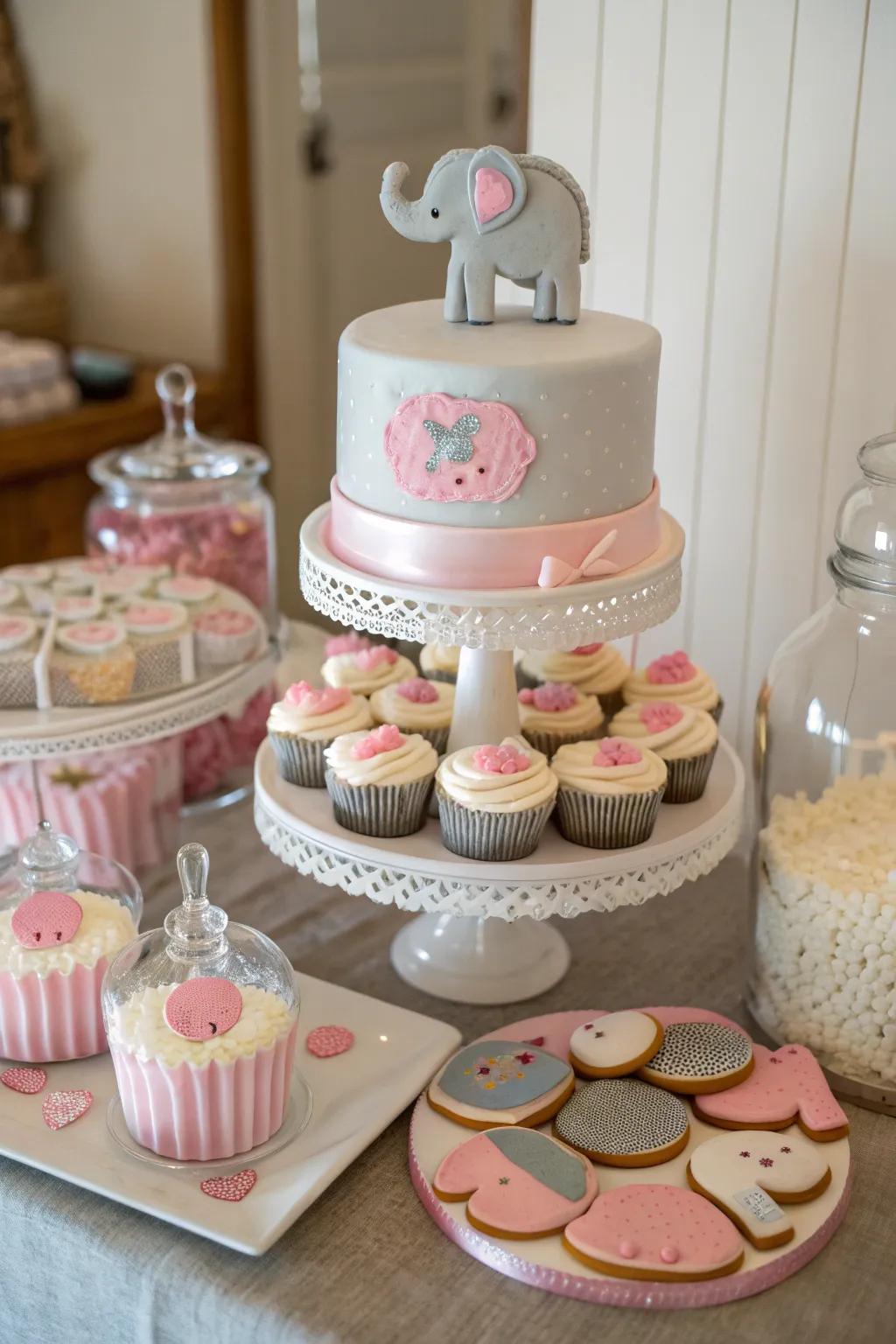 Indulge in a sweet display of treats with adorable elephant decorations that steal the show.
