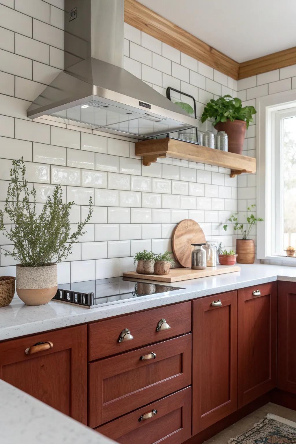 White subway tiles bring a clean, timeless look that complements cherry wood beautifully.