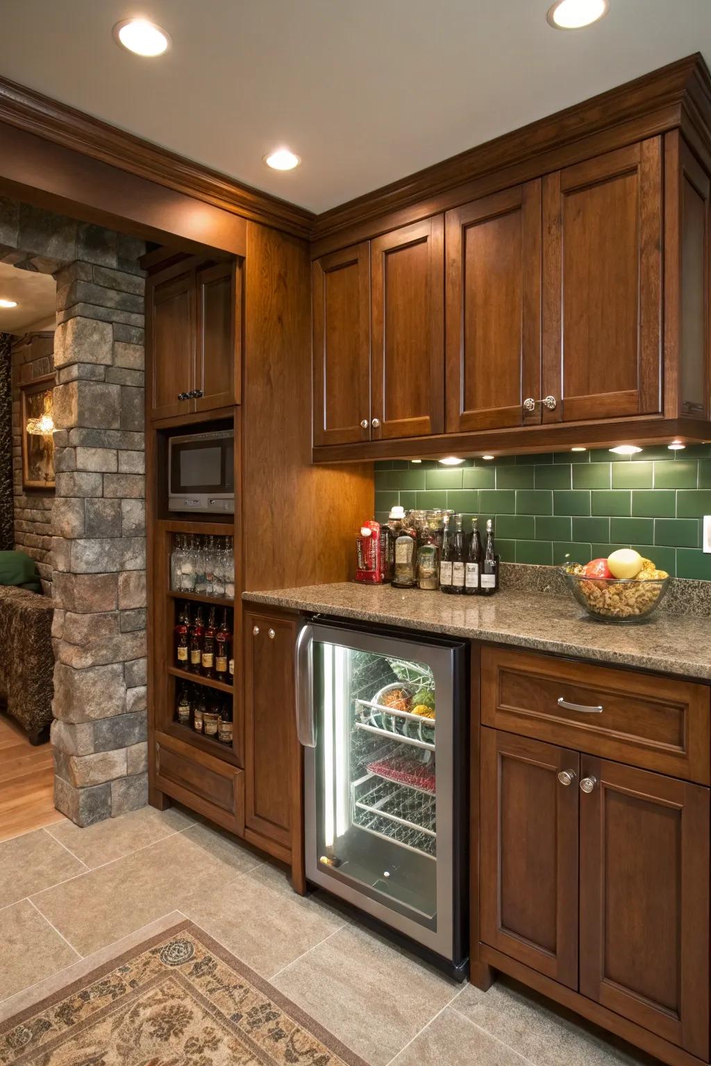 A compact fridge seamlessly integrates into your snack bar for ultimate convenience.