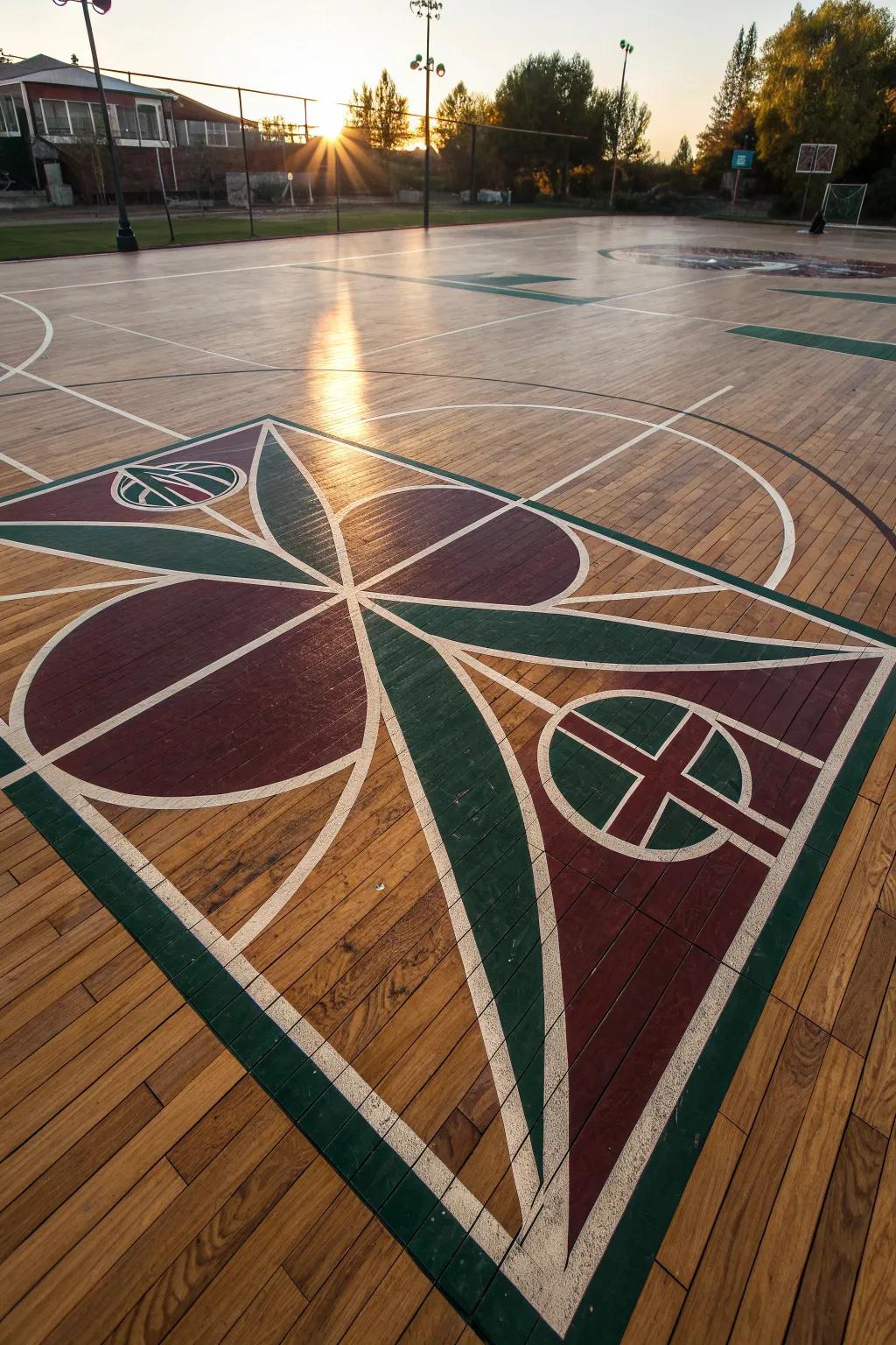 Geometric patterns offer a stylish touch to any basketball court, adding both elegance and structure.