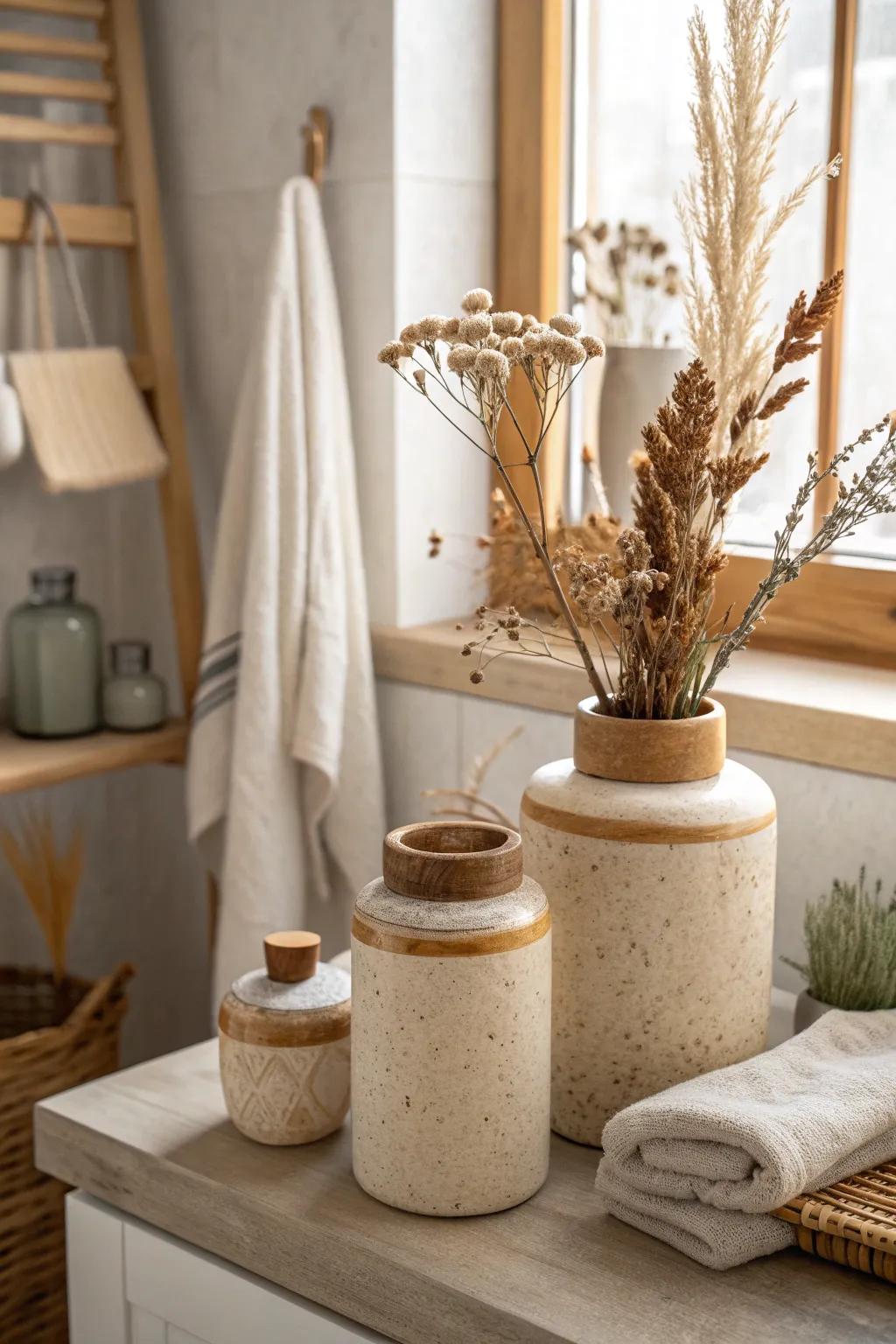 Cozy up your bathroom decor with rustic ceramic jars. 🌿 #RusticCharm #BathroomDecor
