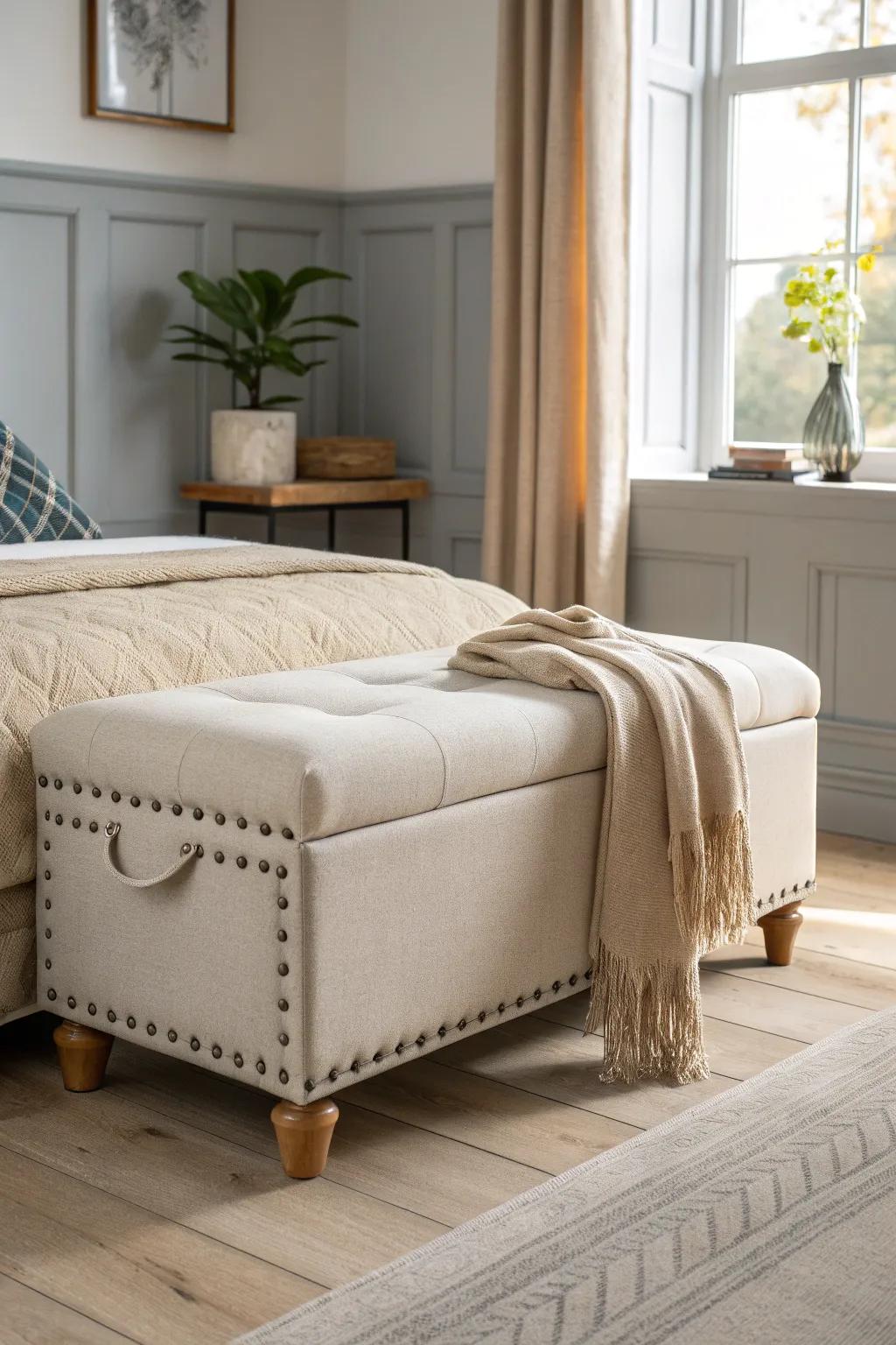 Relax in style with an upholstered bench that adds comfort and storage to your bedroom.
