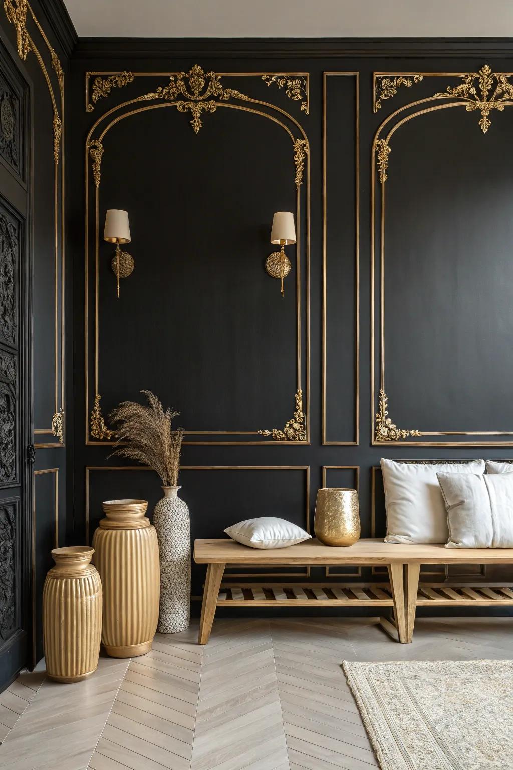 Bring a touch of royalty to your space with opulent gold trim against a rich black wall.