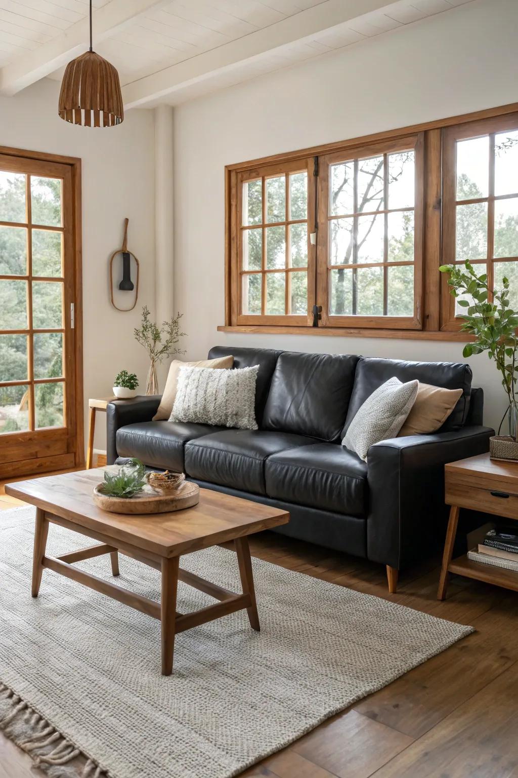Warm wood tones soften the boldness of a black leather sofa beautifully.